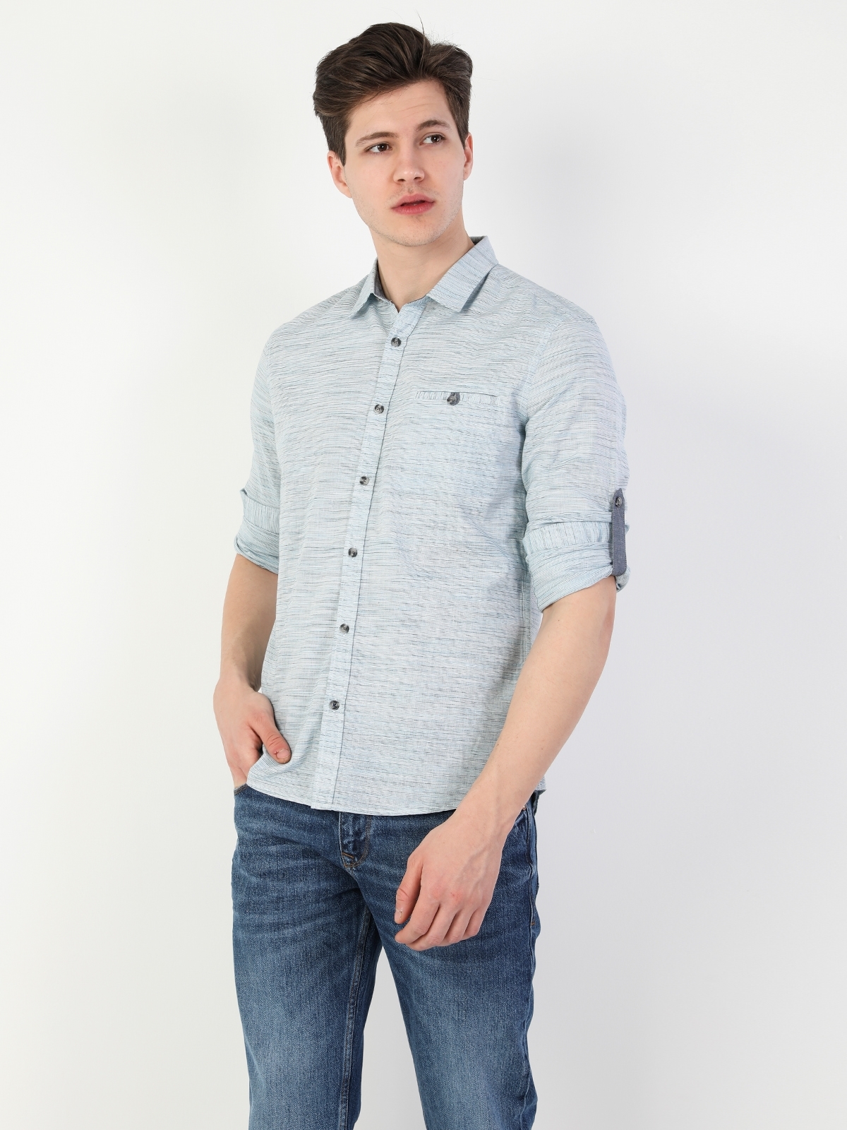 Colins Slim Fit Shirt Neck Erkek Açık Mavi Uzun Kol Gömlek. 3
