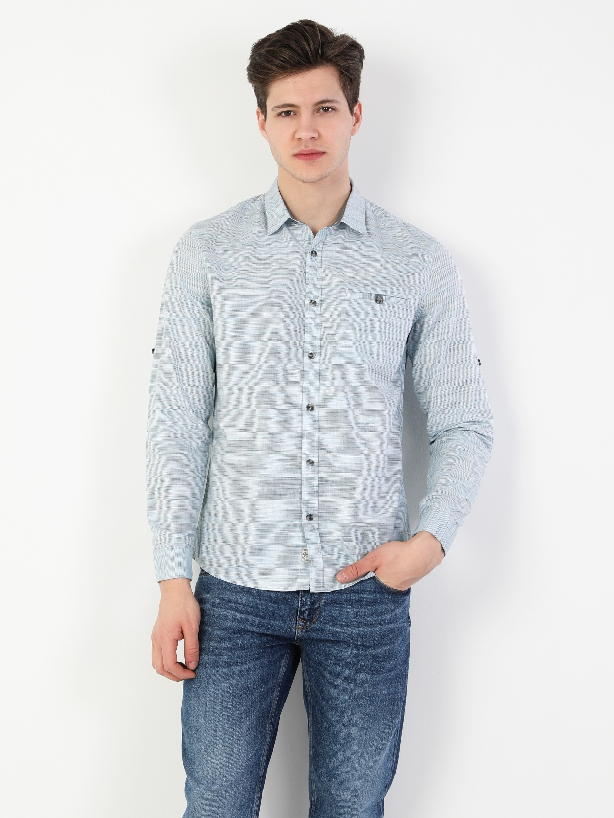 Colins Slim Fit Shirt Neck Erkek Açık Mavi Uzun Kol Gömlek. 4