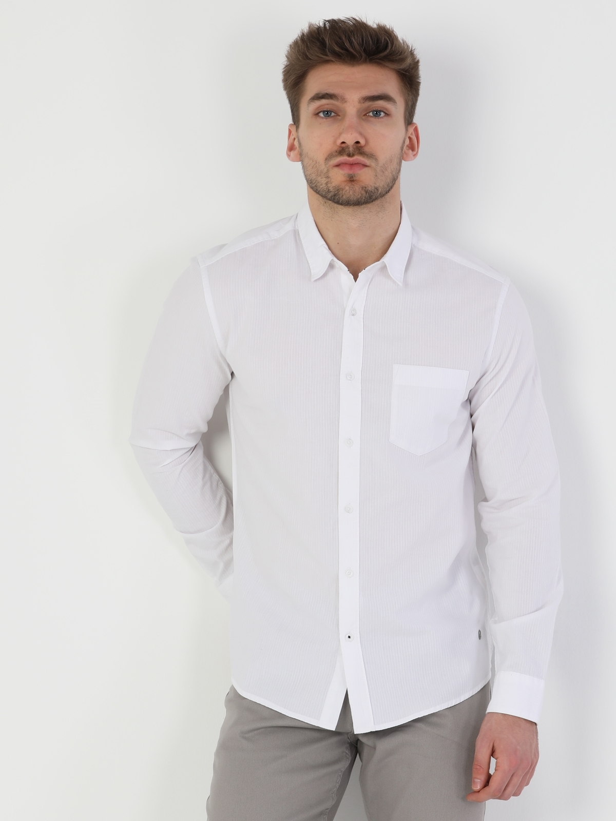Colins Slim Fit Shirt Neck Erkek Beyaz Uzun Kol Gömlek. 5