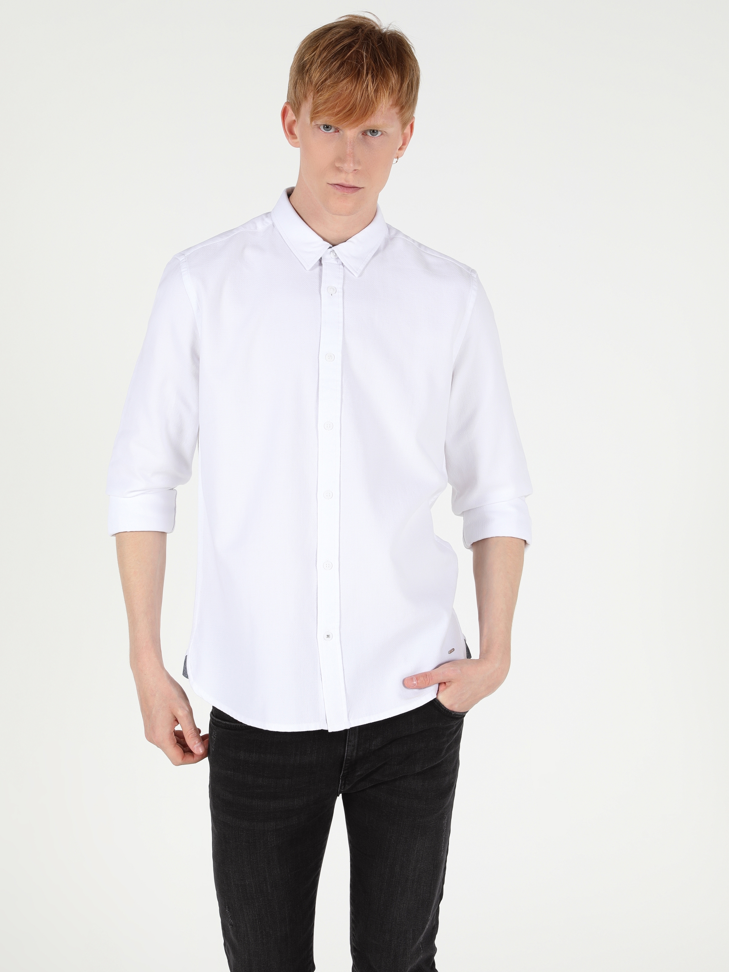  Slim Fit Shirt Neck Erkek Beyaz Uzun Kol Gömlek