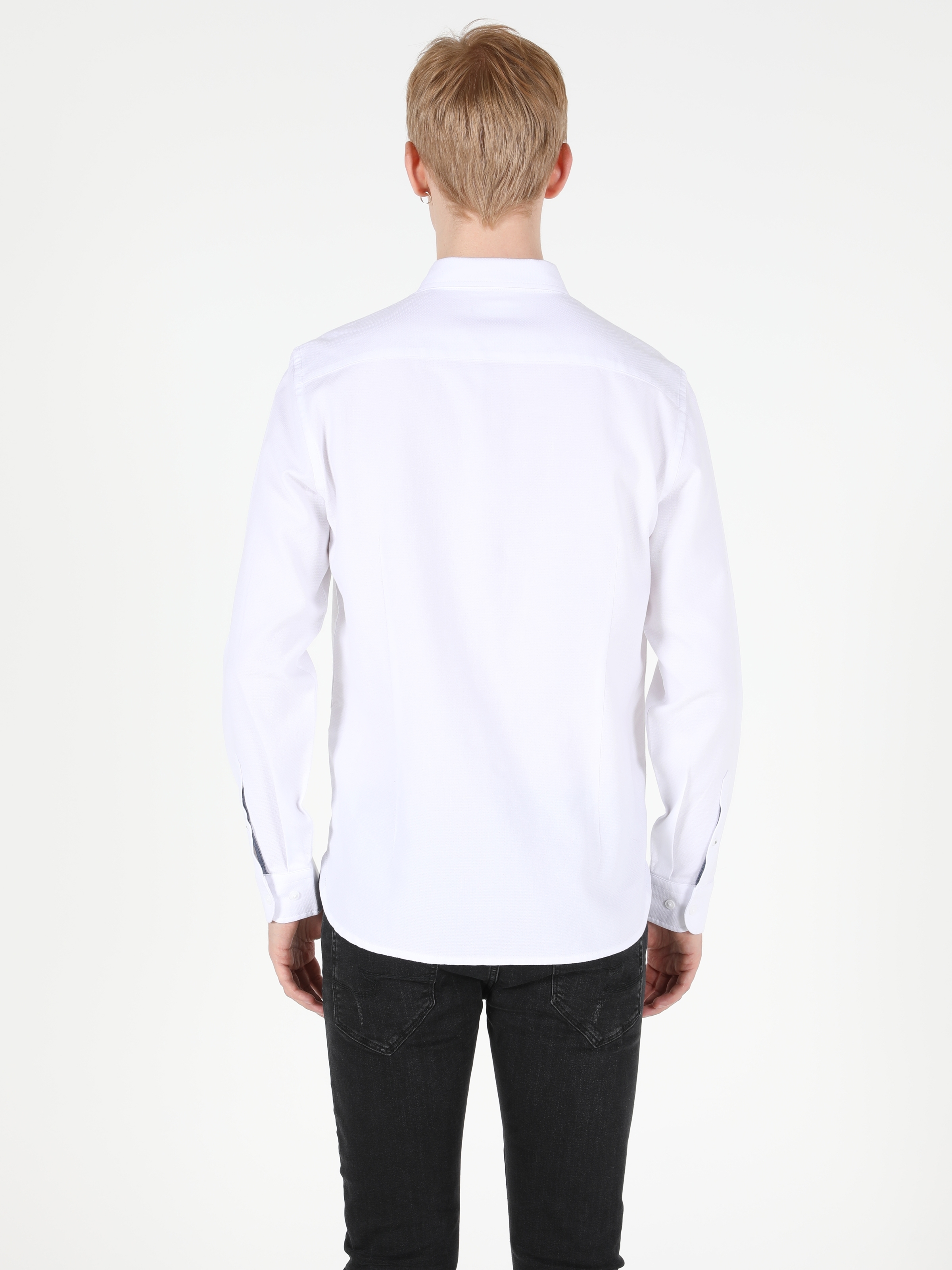  Slim Fit Shirt Neck Erkek Beyaz Uzun Kol Gömlek