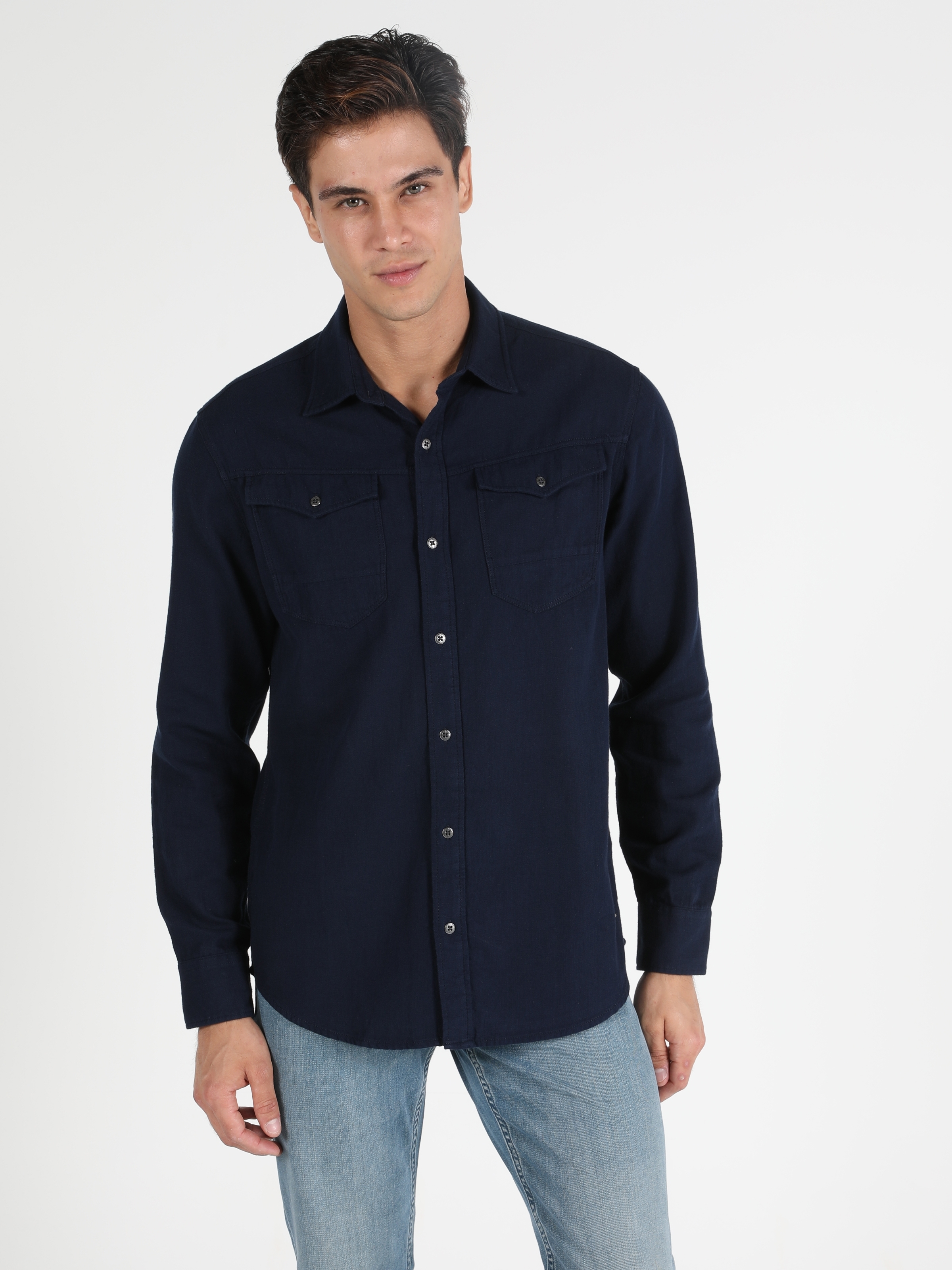 Colins Regular Fit Shirt Neck Erkek Lacivert Uzun Kol Gömlek. 3