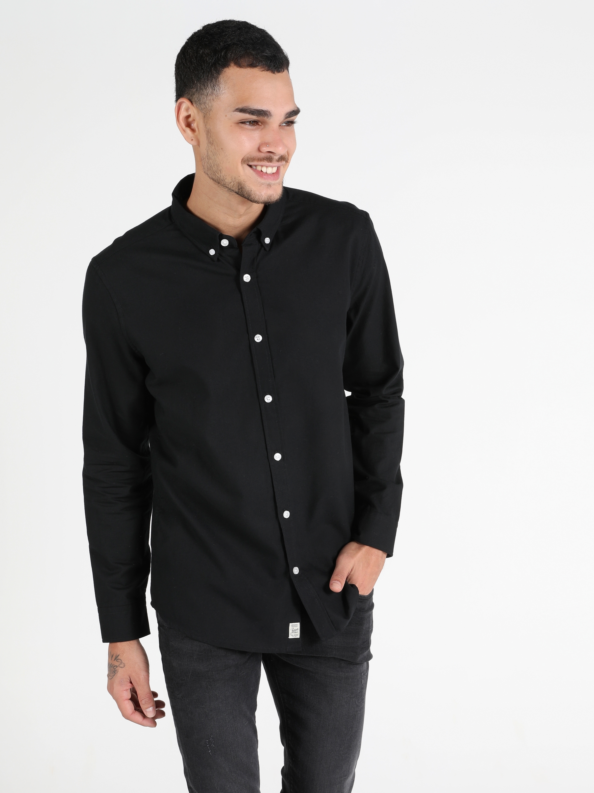Slim Fit Shirt Neck Erkek Siyah Uzun Kol Gömlek Cl1048576