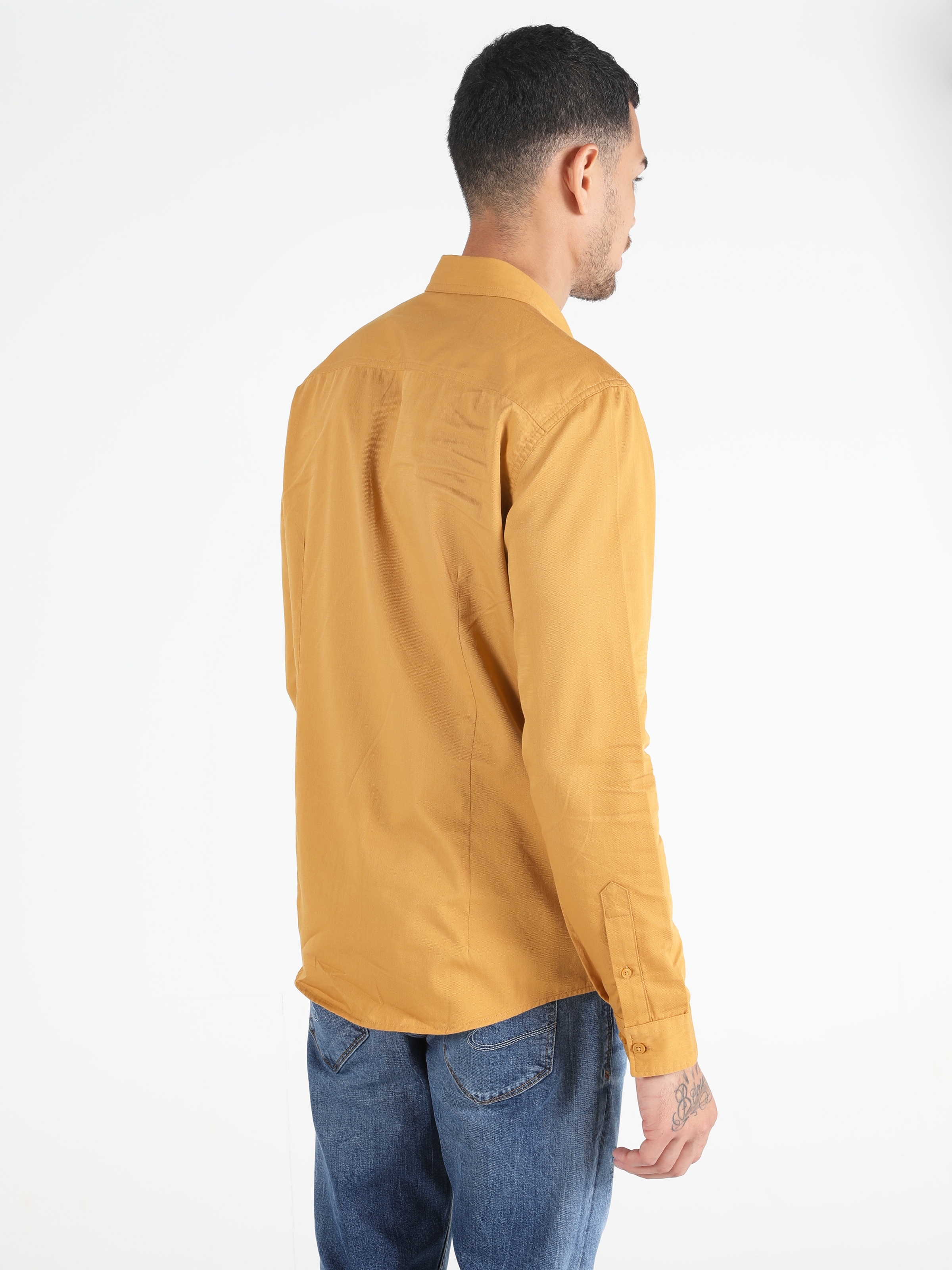  Slim Fit Shirt Neck Erkek Safran Uzun Kol Gömlek
