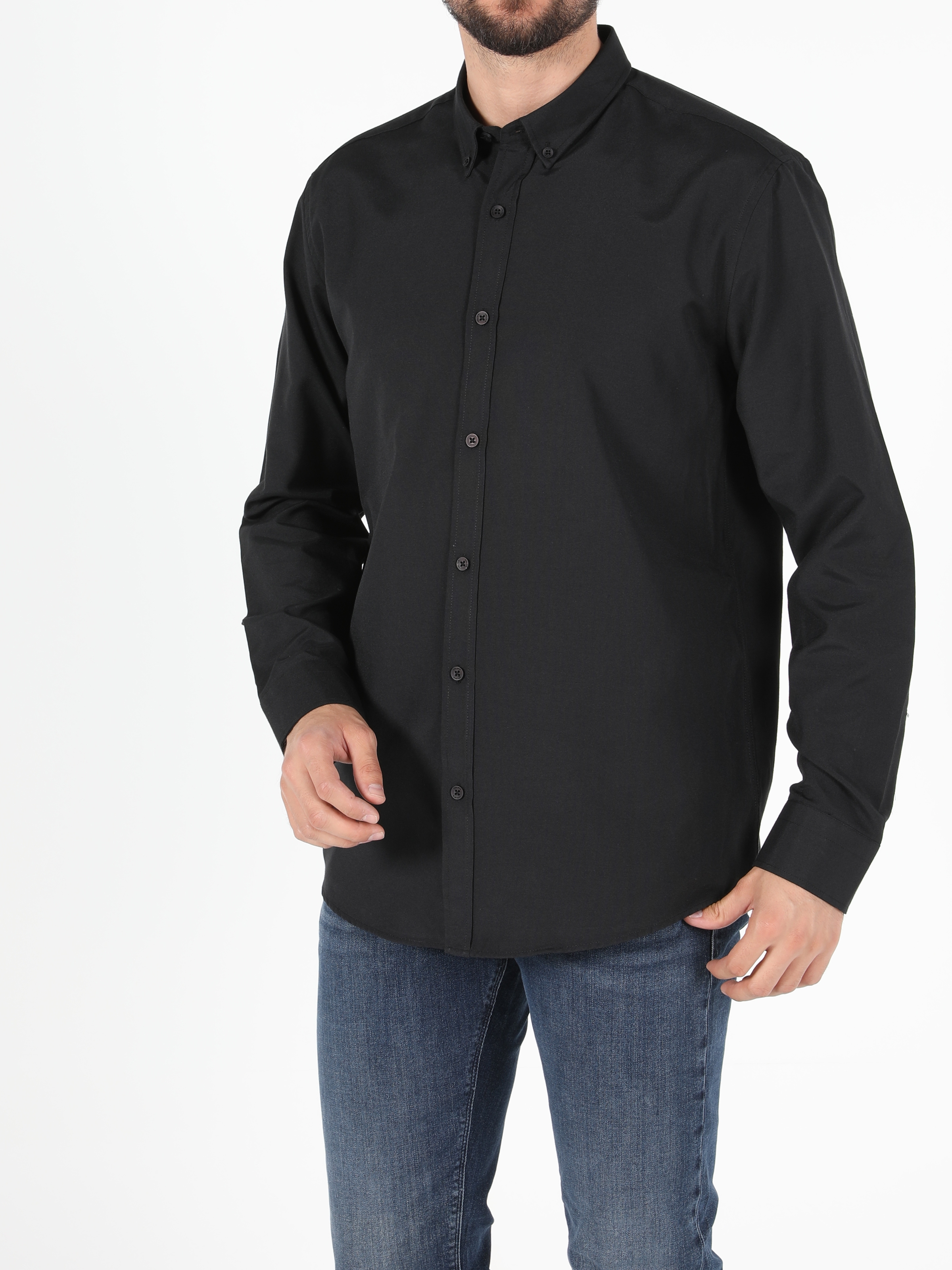 Colins Regular Fit Shirt Neck Erkek Siyah Uzun Kol Gömlek. 1