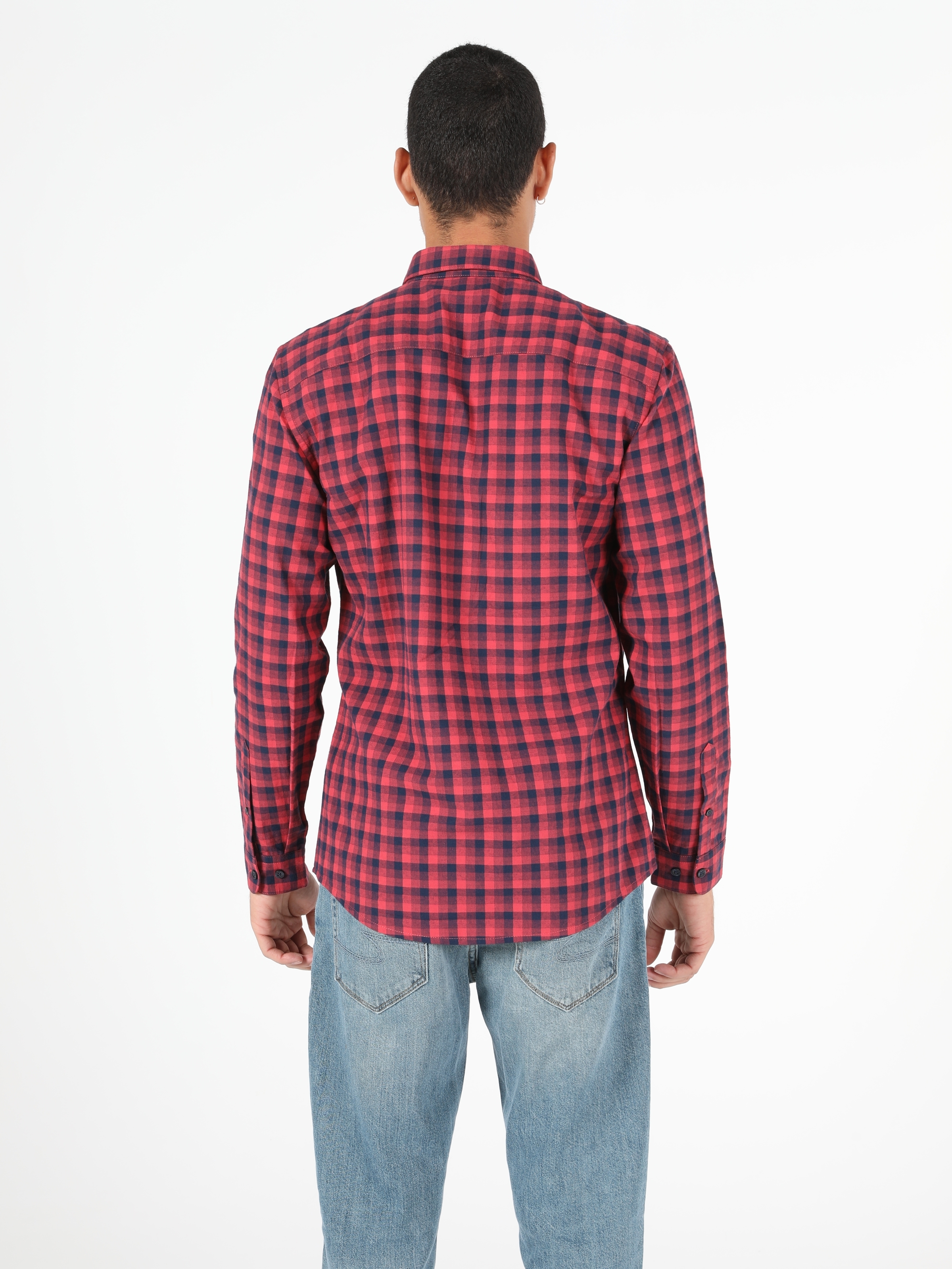  Slim Fit Shirt Neck Erkek Açık Kırmızı Uzun Kol Gömlek