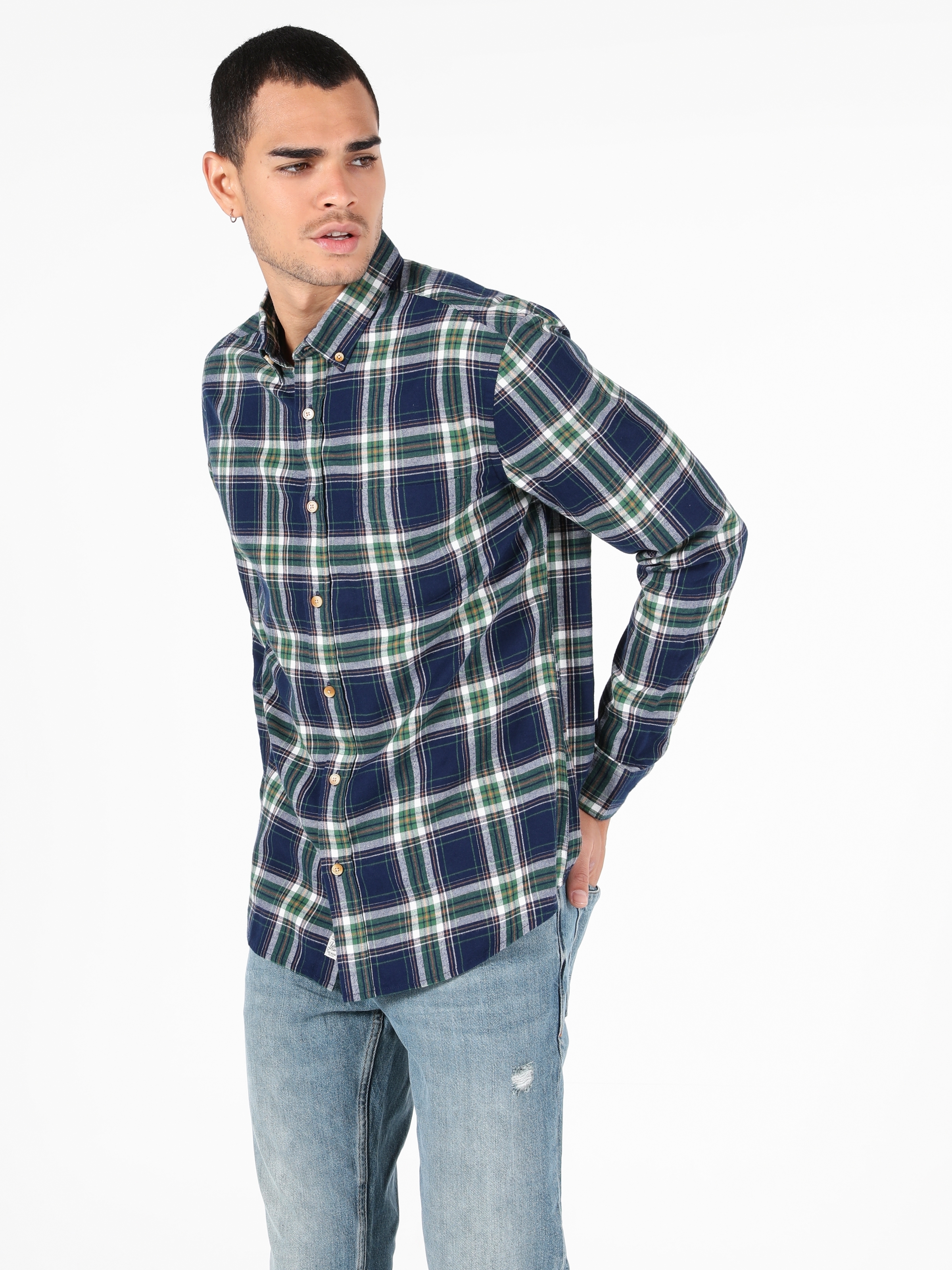 Slim Fit Shirt Neck Erkek Lacivert Uzun Kol Gömlek Cl1050225