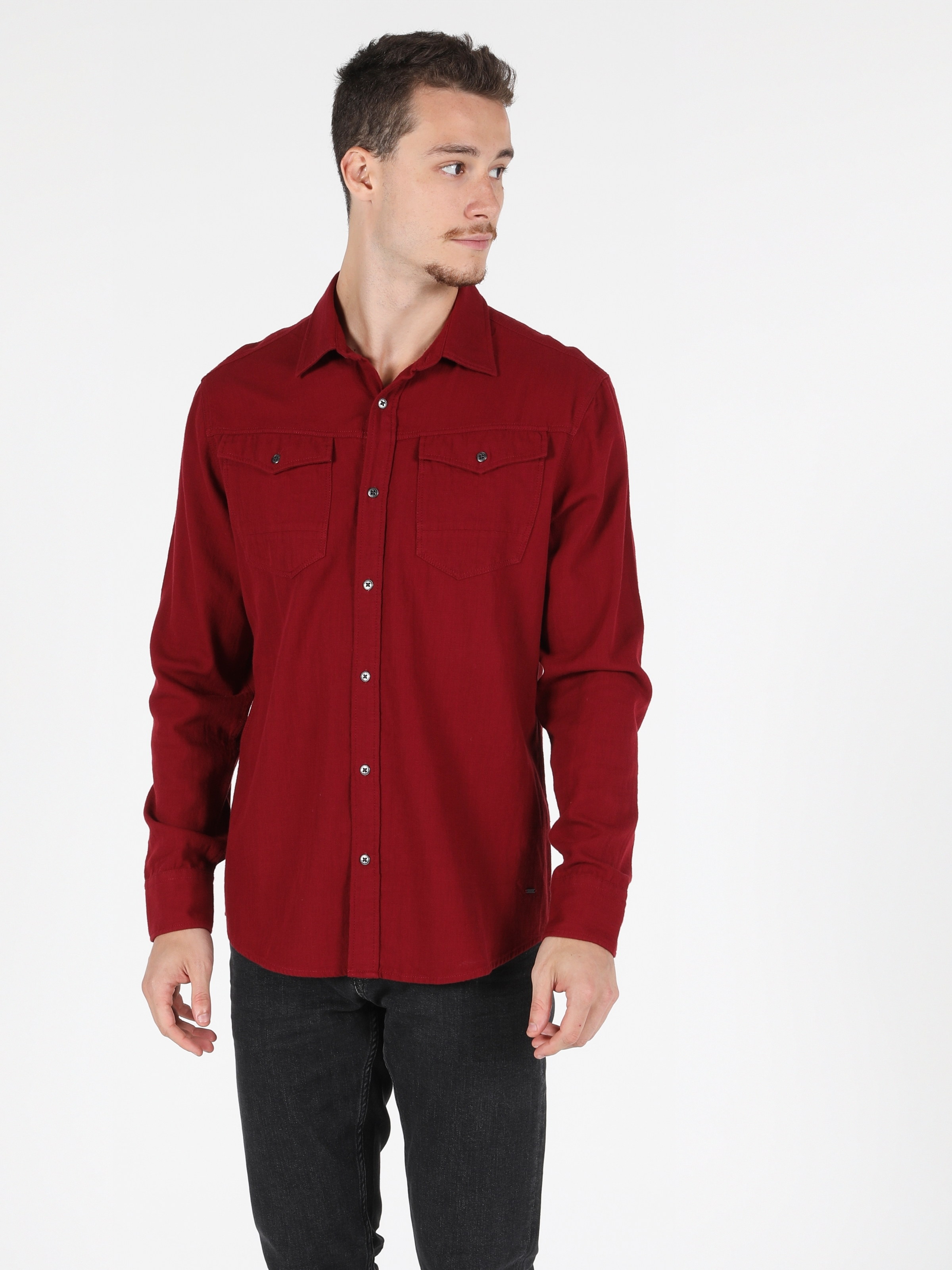 Colins Regular Fit Shirt Neck Erkek Kırmızı Uzun Kol Gömlek. 1
