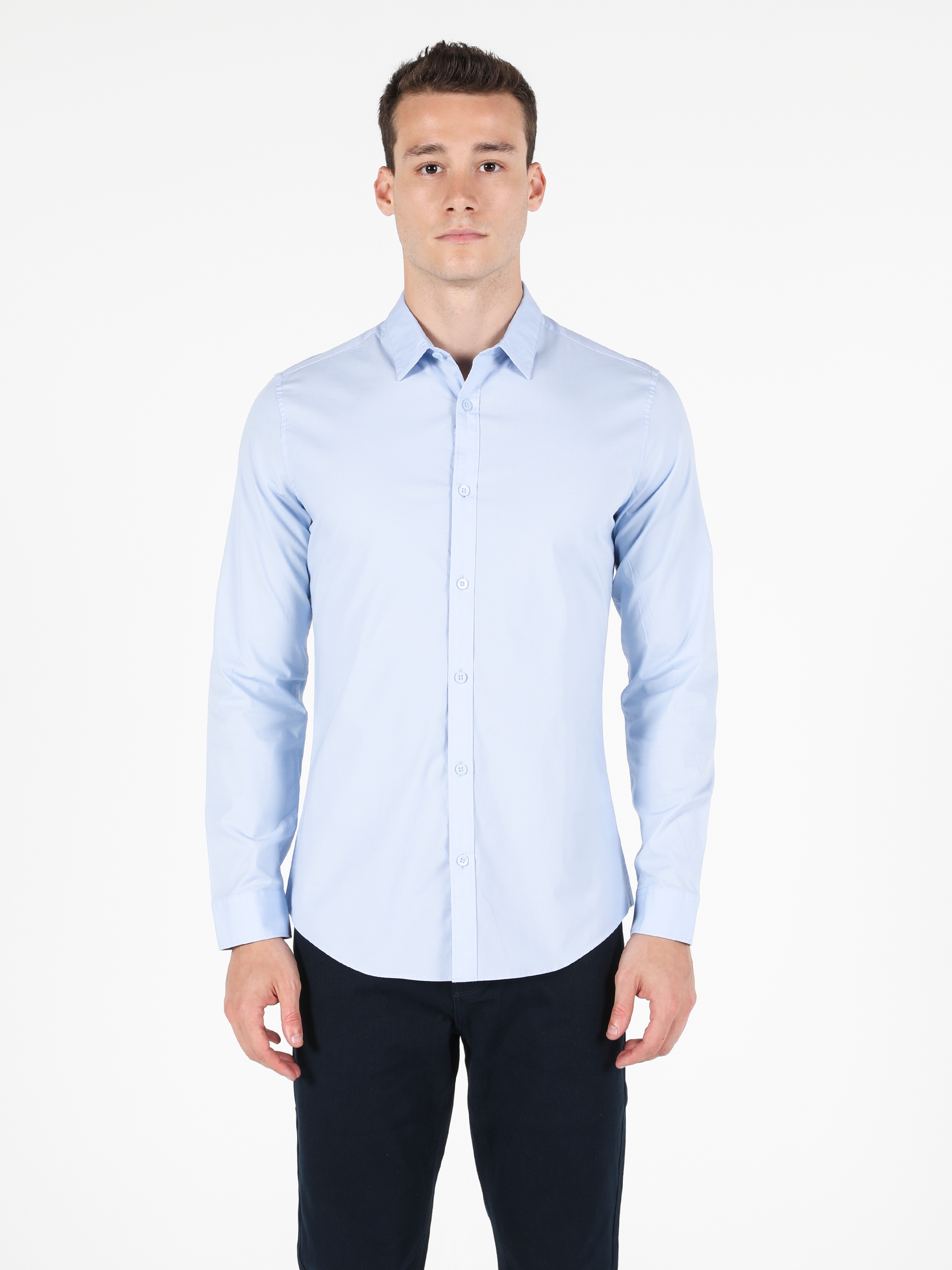  Super Slim Fit Shirt Neck Erkek Açık Mavi Uzun Kol Gömlek