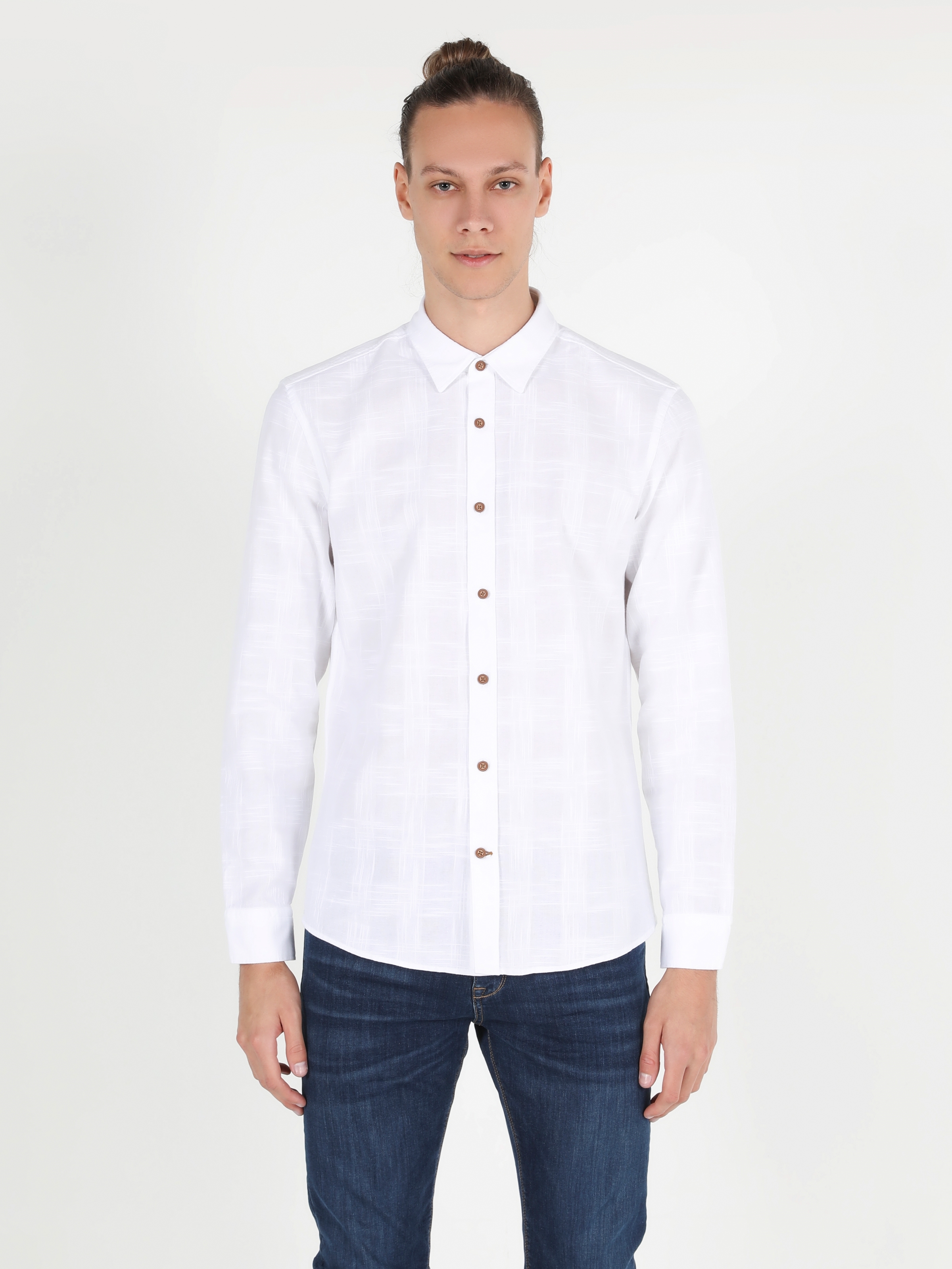 Colins Slim Fit Shirt Neck Erkek Beyaz Uzun Kol Gömlek. 3