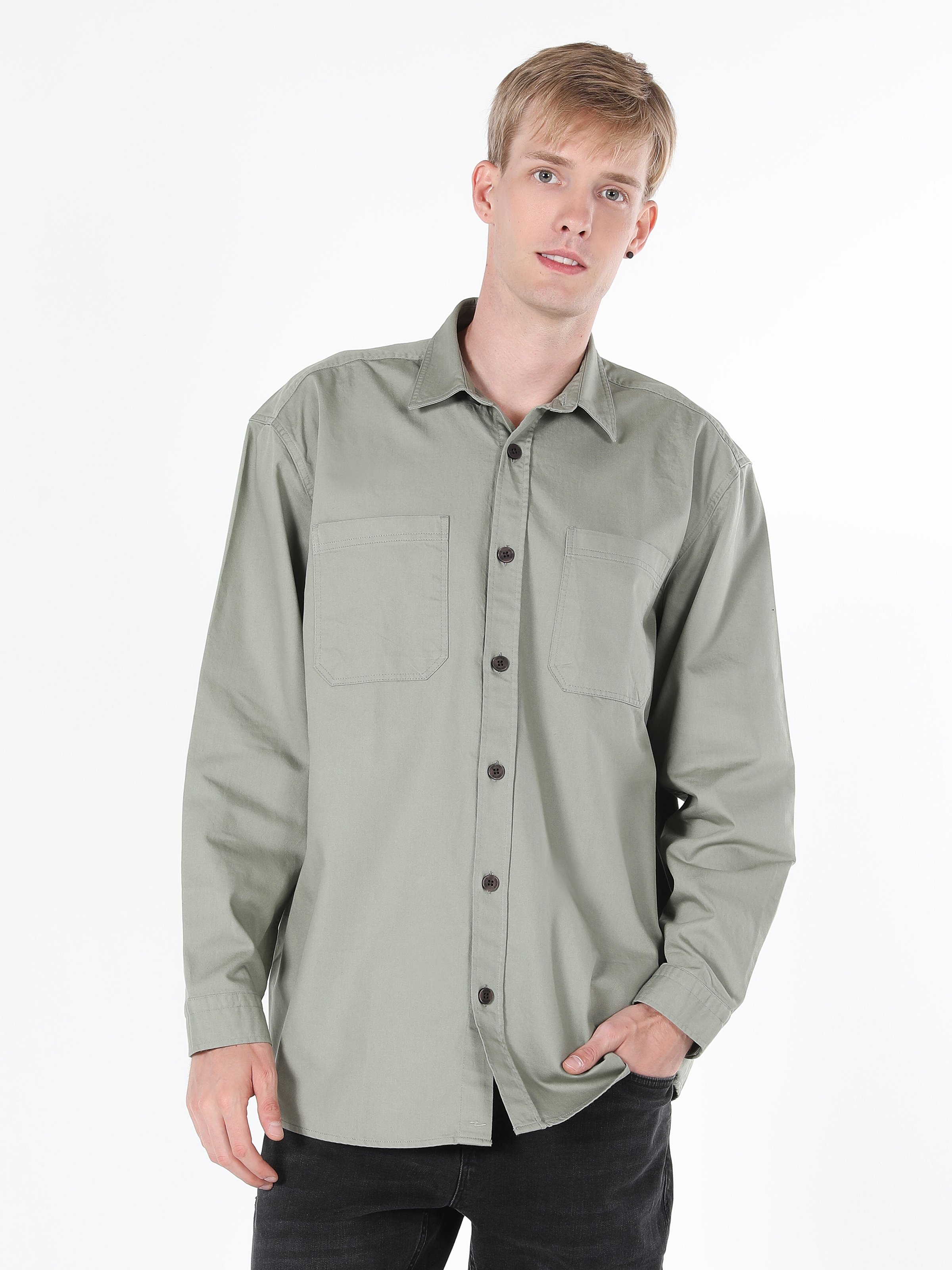Comfort Fit Shirt Neck Cep Detaylı Erkek Uzun Kol Gömlek Cl1057508