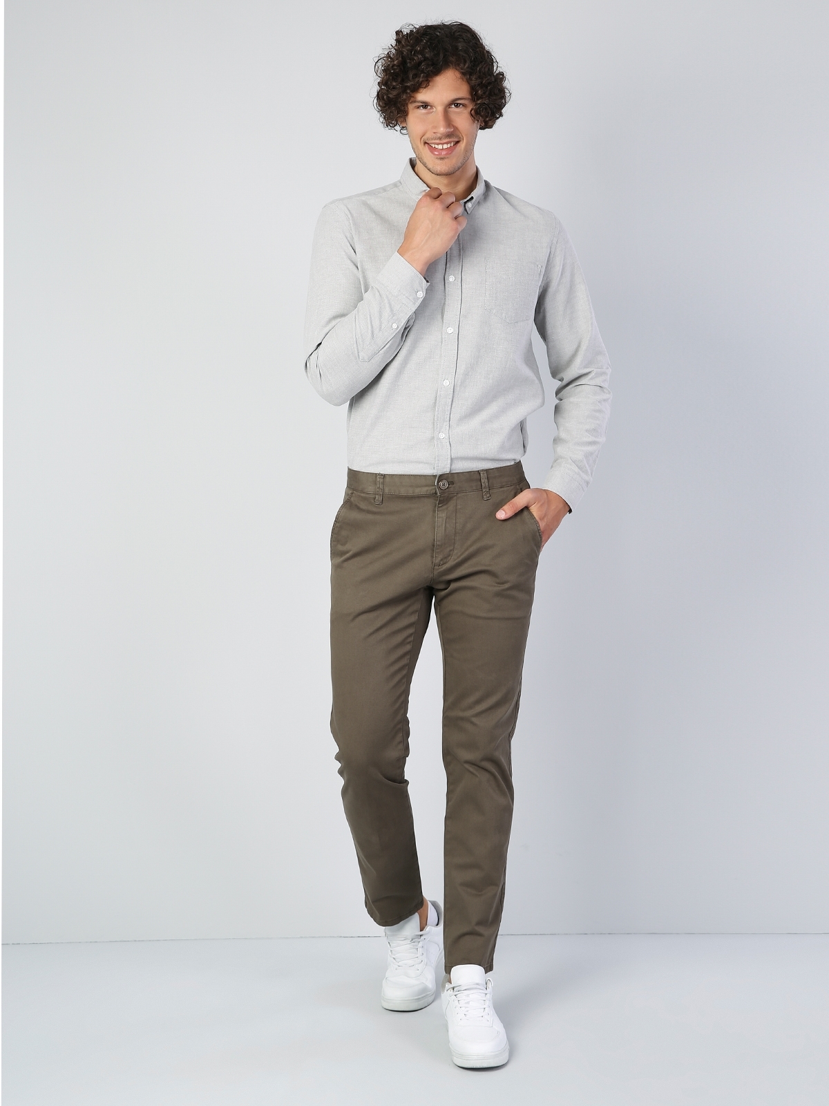Regular Fit Orta Bel Düz Paça Erkek Açık Haki Pantolon