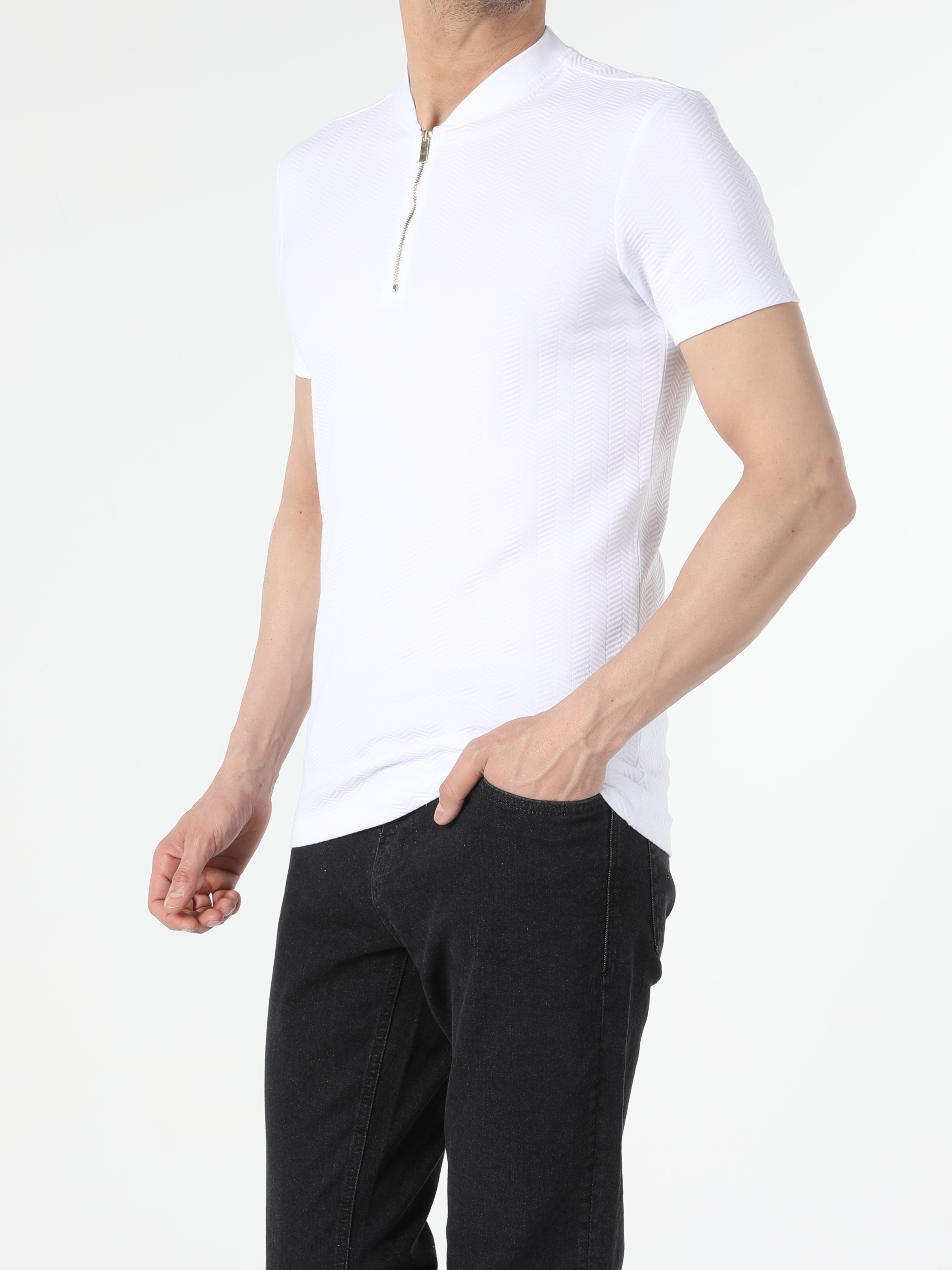 Colins Slim Fit Erkek Beyaz Kısa Kol Polo Tişört. 3