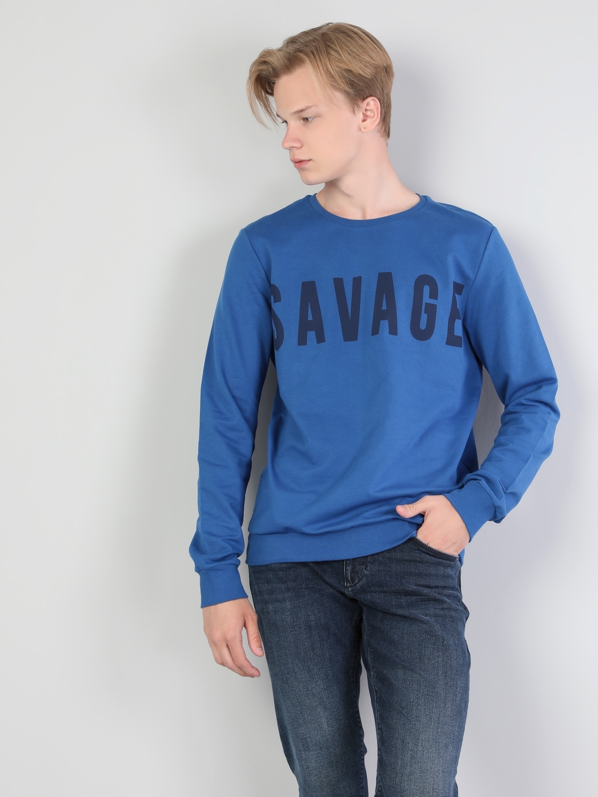 Regular Fit Erkek Saks Mavi Sweatshirt