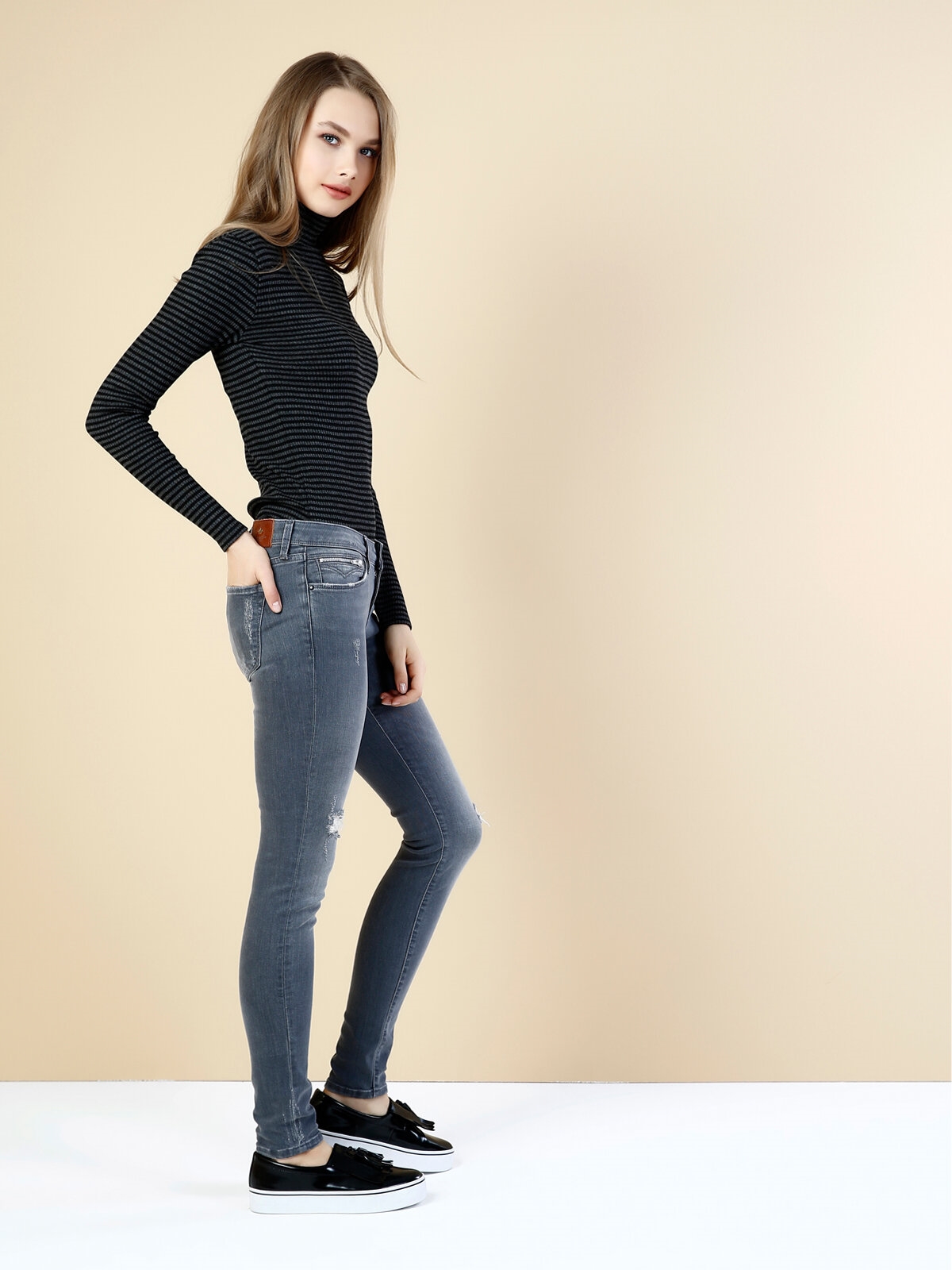 757 Sally Super Slim Fit Düşük Bel Skinny Leg Kadın Gri Jean Pantolon