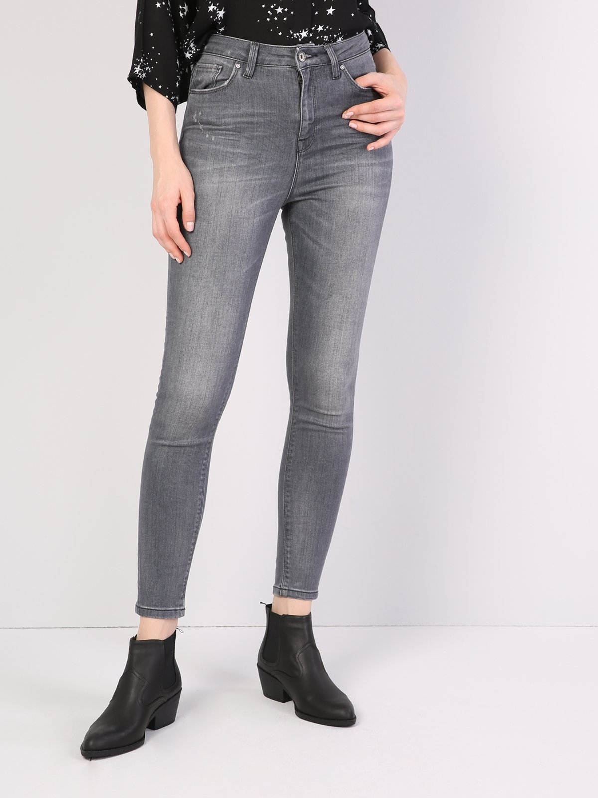 Colins 760 Dıana Yüksek Bel Dar Paça Super Slim Fit Gri Kadın Jean Pantolon. 4