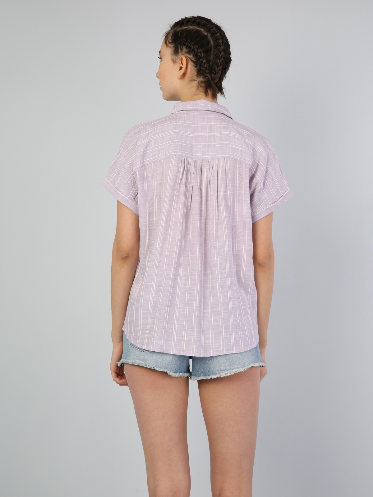  Regular Fit Shirt Neck Kadın Lila Kısa Kol Gömlek