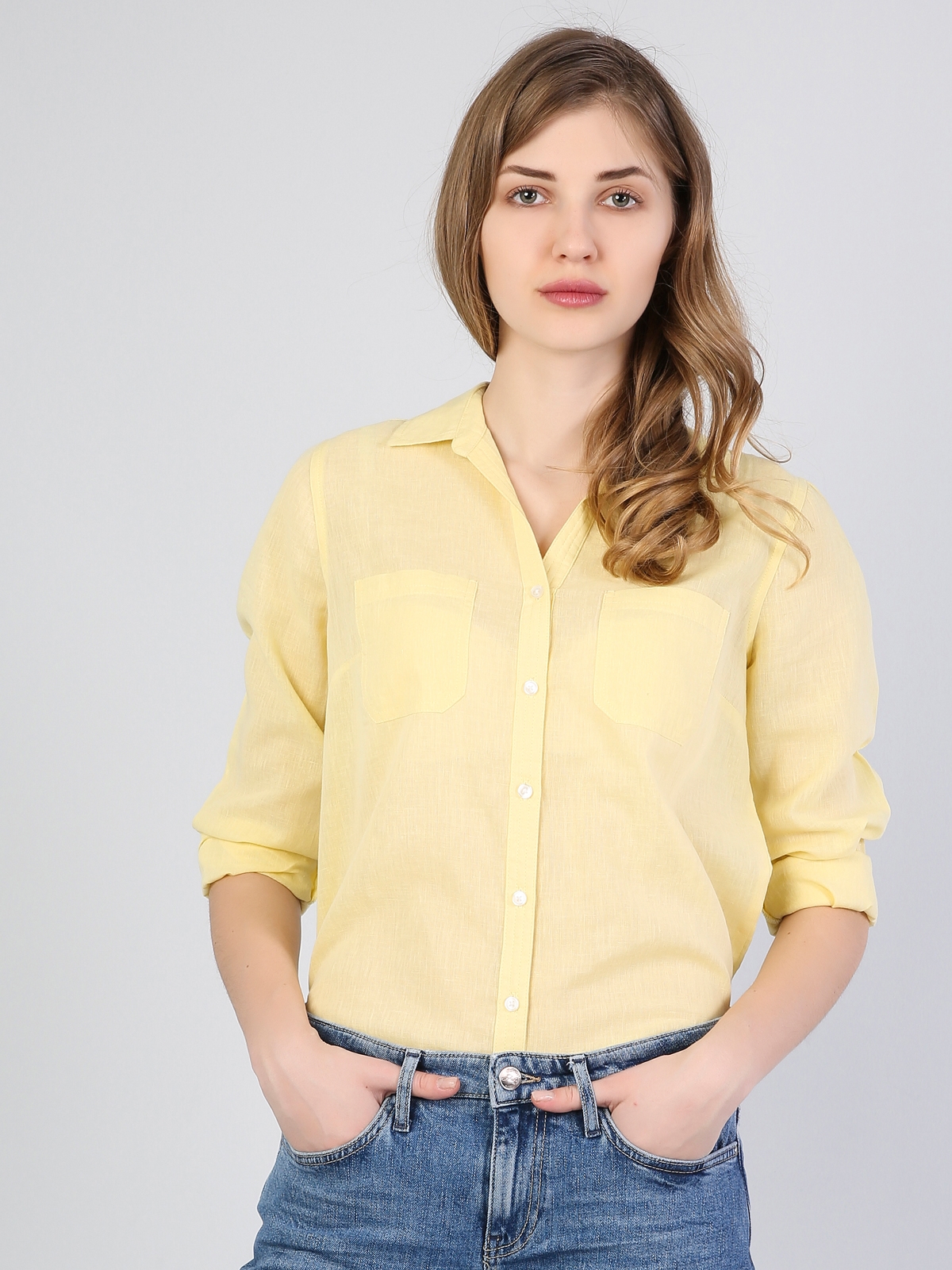 Colins Basic Cepli Regular Fit Sarı Kadın Uzun Kol Gömlek. 5