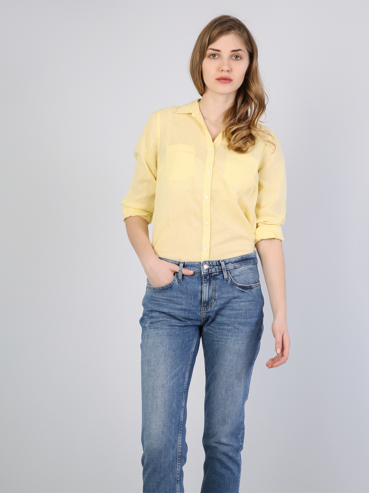 Basic Cepli Regular Fit Sarı Kadın Uzun Kol Gömlek