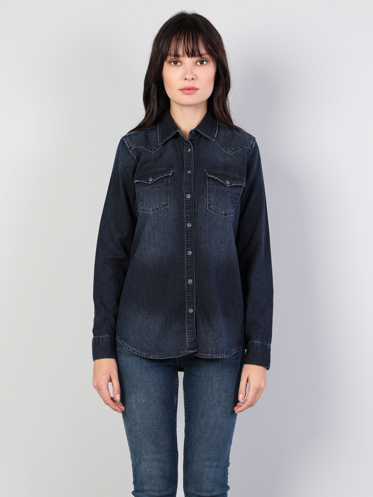 550 Lında Slim Fit Kadın Jean Gömlek U.Kol