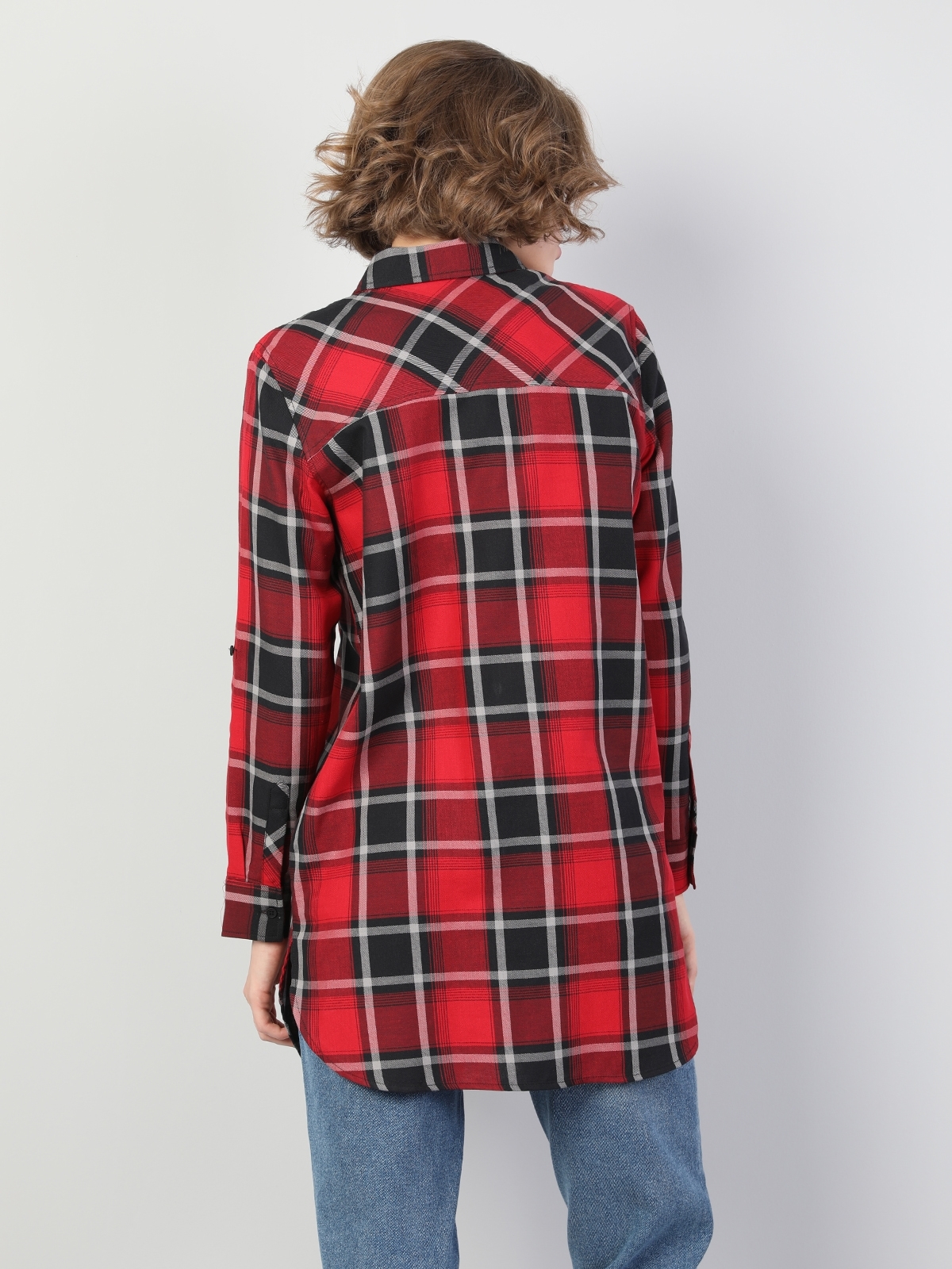 Kareli Cepli Yazı Detaylı Regular Fit Kadın Kırmızı Uzun Kol Gömlek