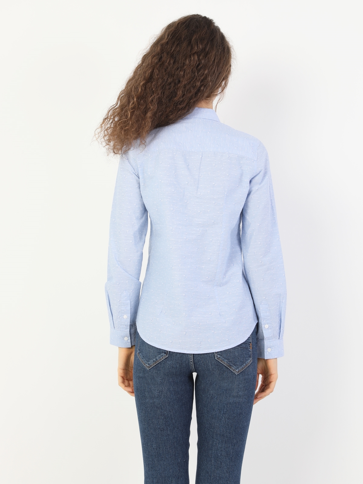 Desenli Cepli Slim Fit Kadın Mavi Uzun Kol Gömlek