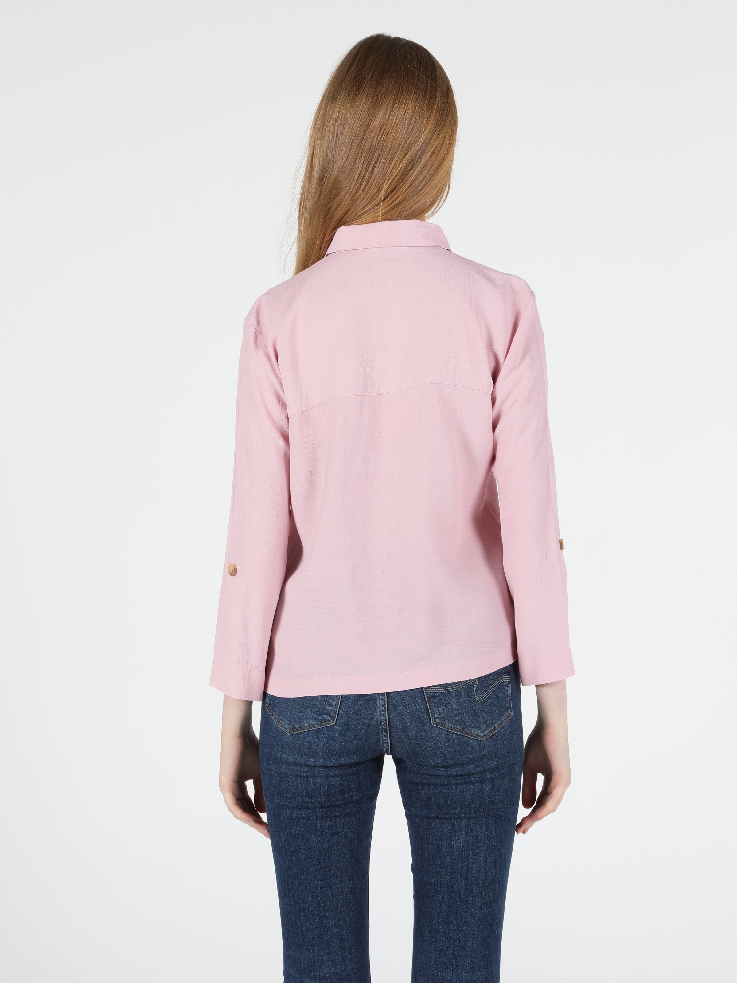Basic Cepli Düğme Detaylı Regular Fit Kadın Pembe Uzun Kol Gömlek