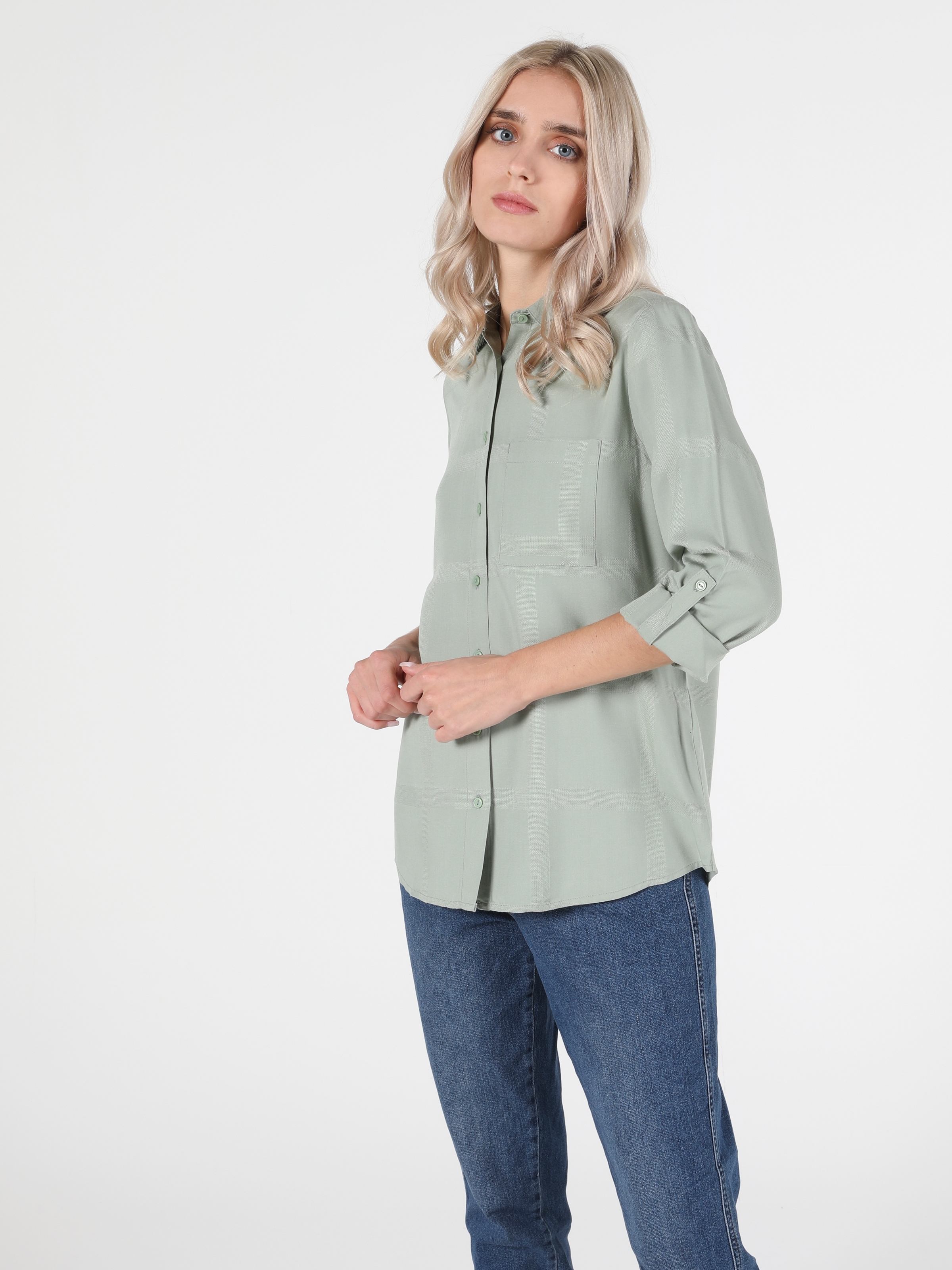 Regular Fit Shirt Neck Kadın Mint Yeşili Uzun Kol Gömlek