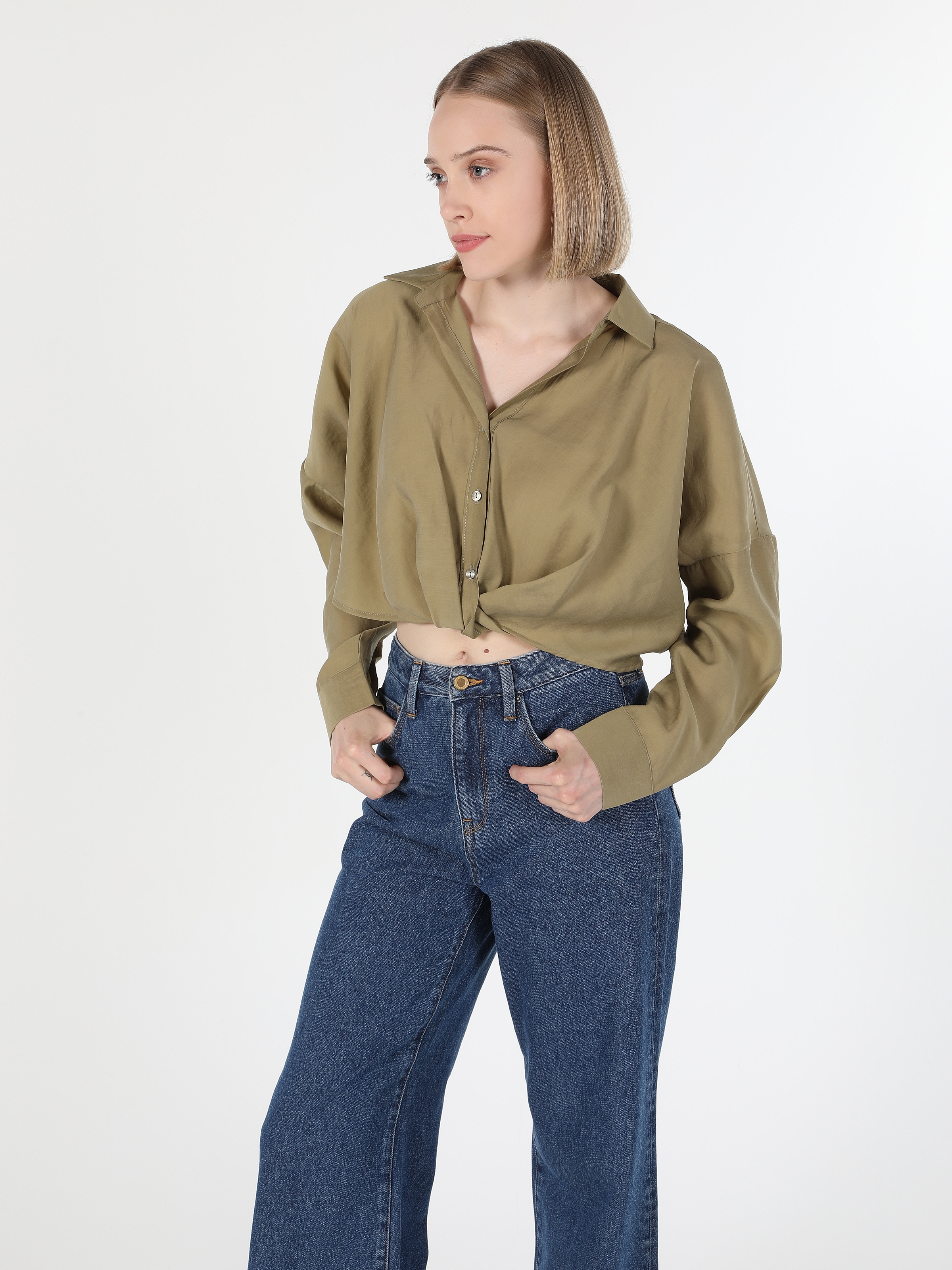 Regular Fit Shirt Neck Kadın Uzun Kol Gömlek Cl1059355