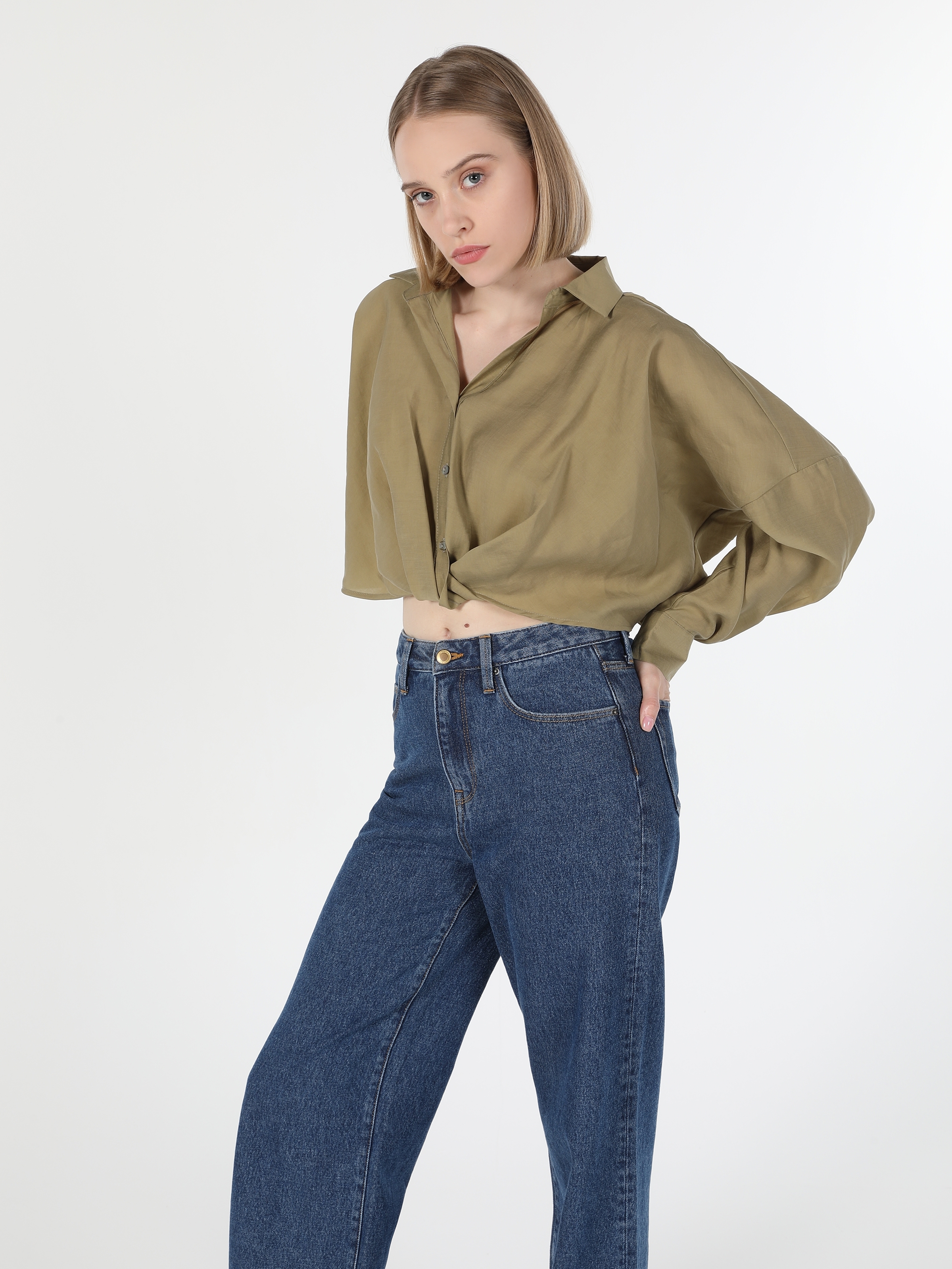 Regular Fit Shirt Neck Kadın Uzun Kol Gömlek Cl1059355