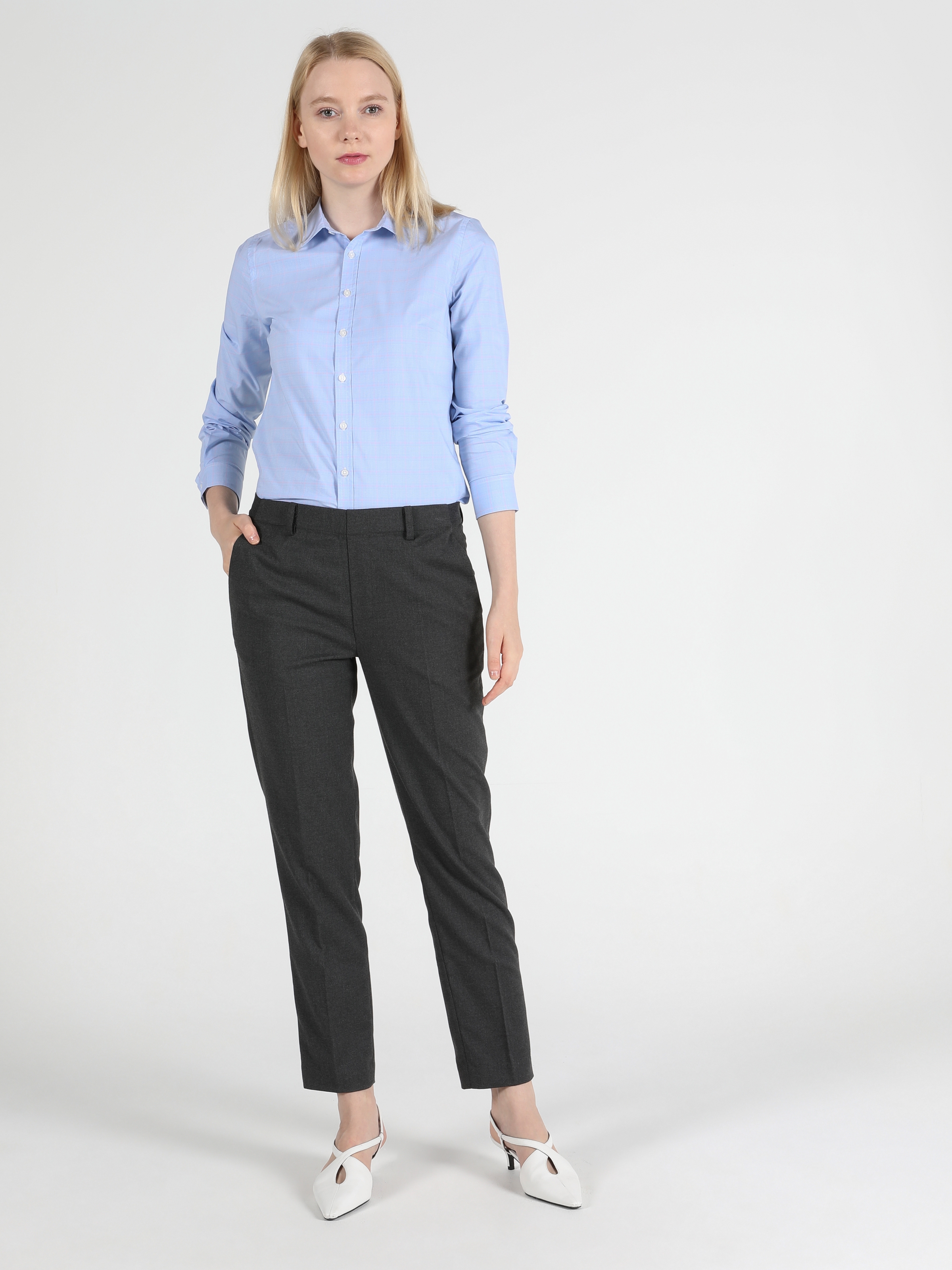 Slim Fit Orta Bel Dar Kesim Düz Paça Antrasit Kadın Pantolon
