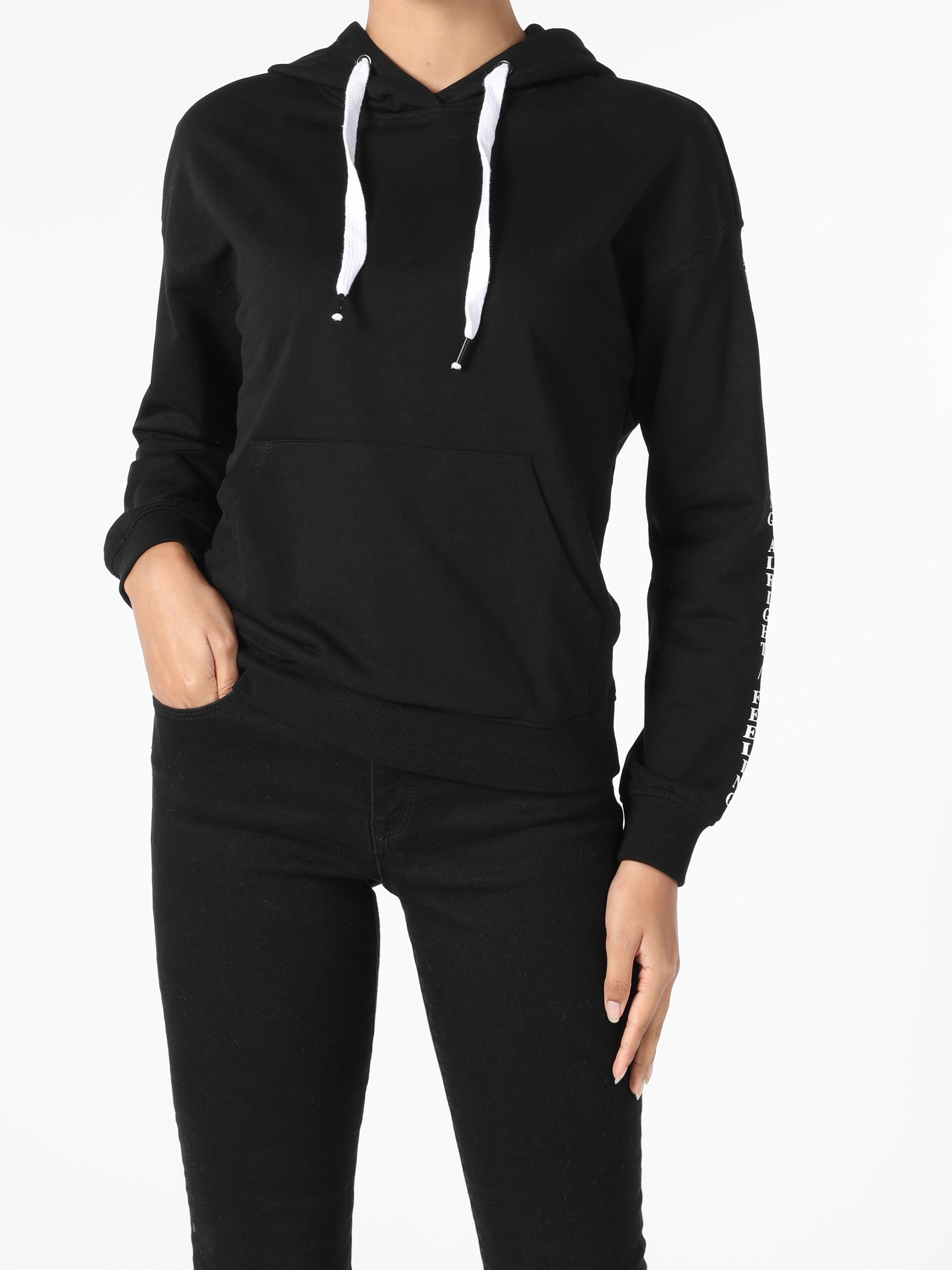 Regular Fit Kapüşonlu Basic Siyah Kadın Sweatshirt