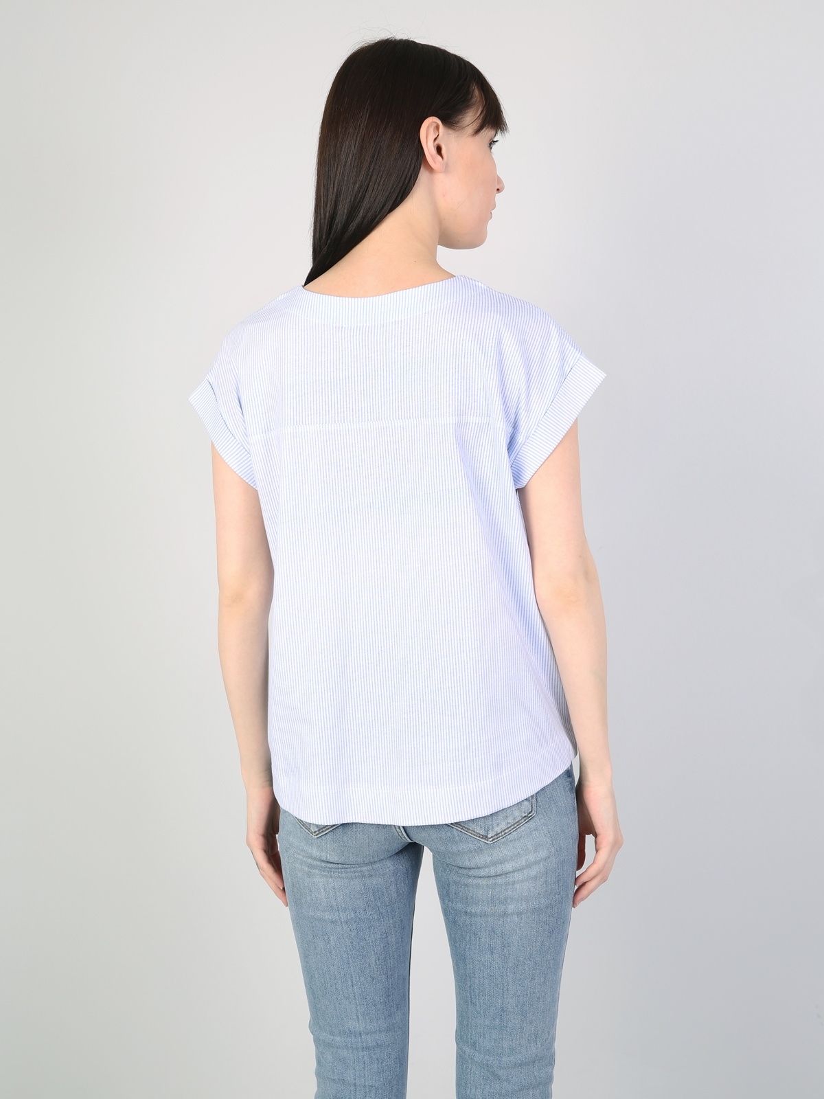 Regular Fit Placket Neck Örme Kadın Mavi Kısa Kol Tişört