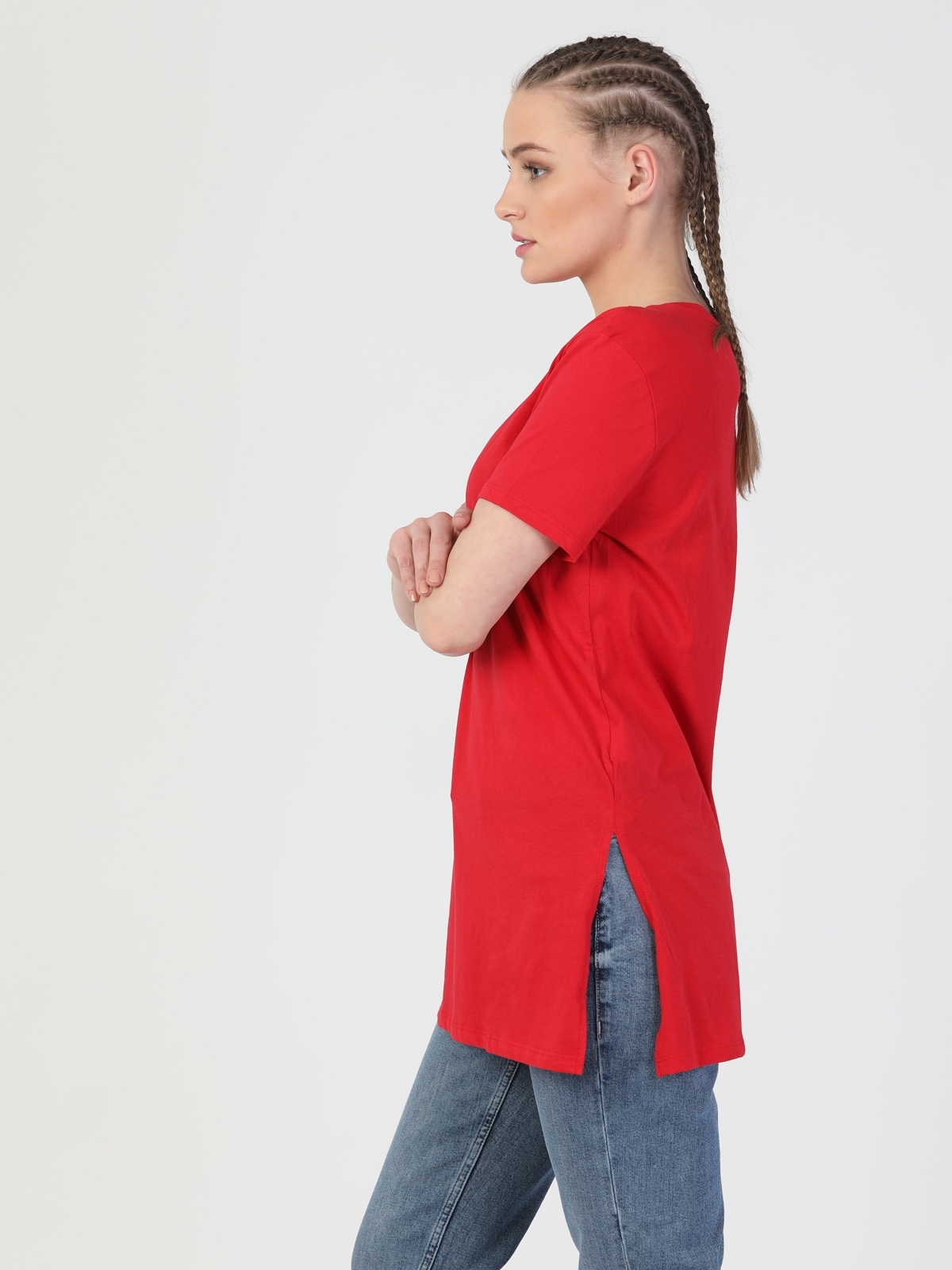 Regular Fit V Yaka Örme Kadın Kırmızı Kısa Kol Tişört