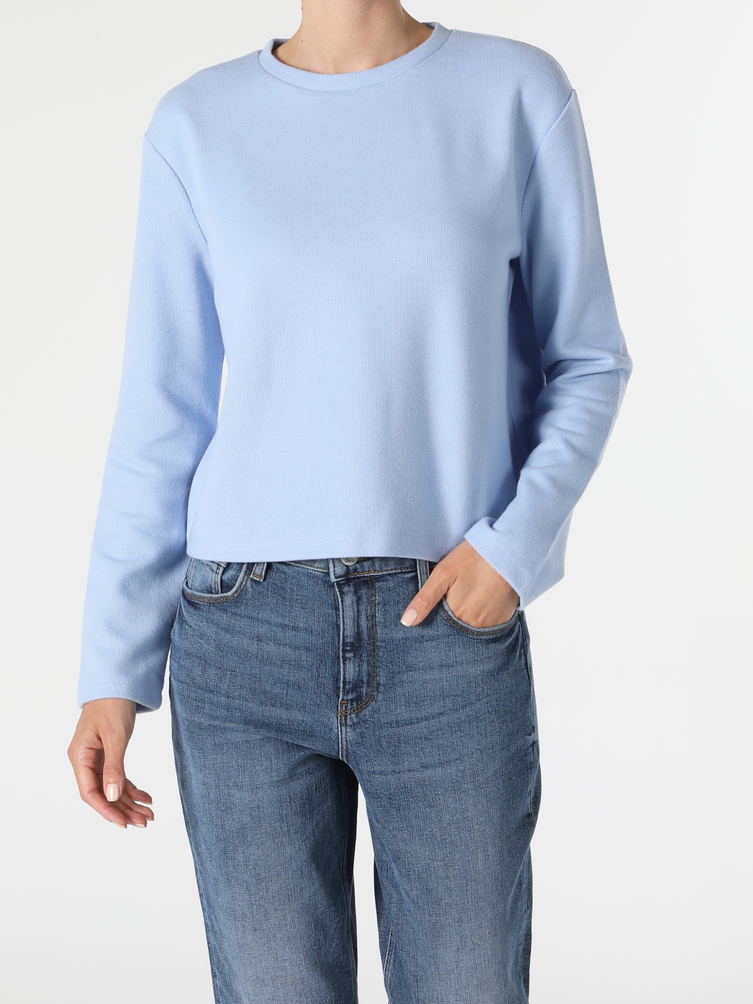 Regular Fit Mavi Kadın Uzun Kol Tişört