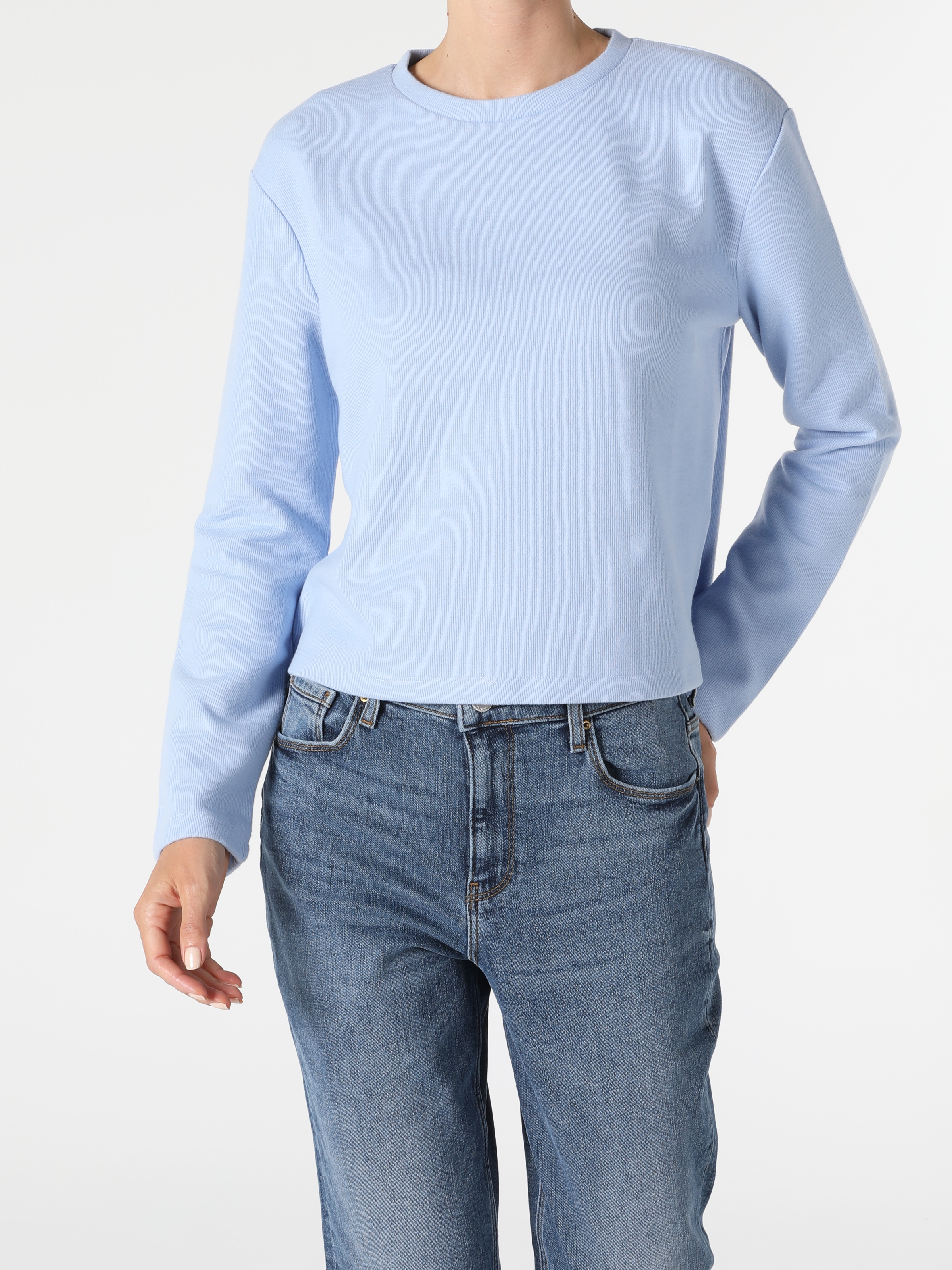 Regular Fit Mavi Kadın Uzun Kol Tişört