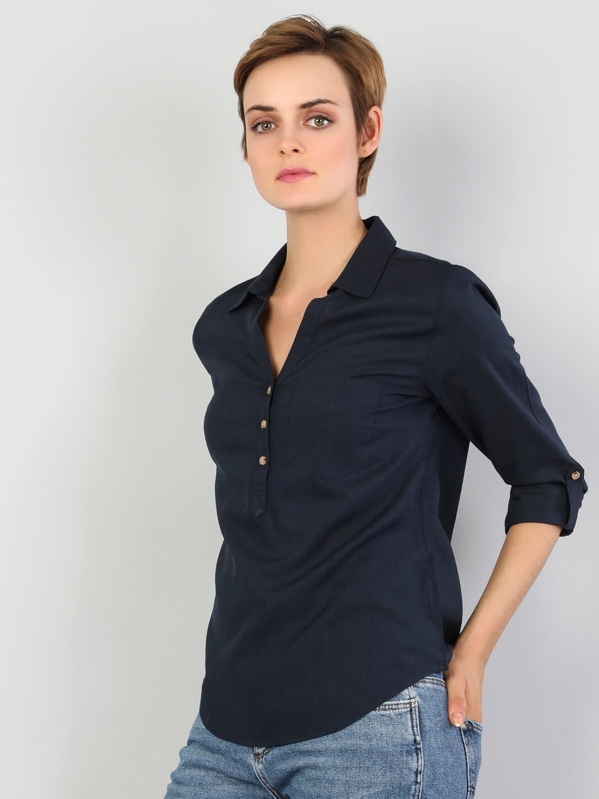 Colins Slim Fit Shirt Neck Kadın Lacivert Uzun Kol Bluz. 5