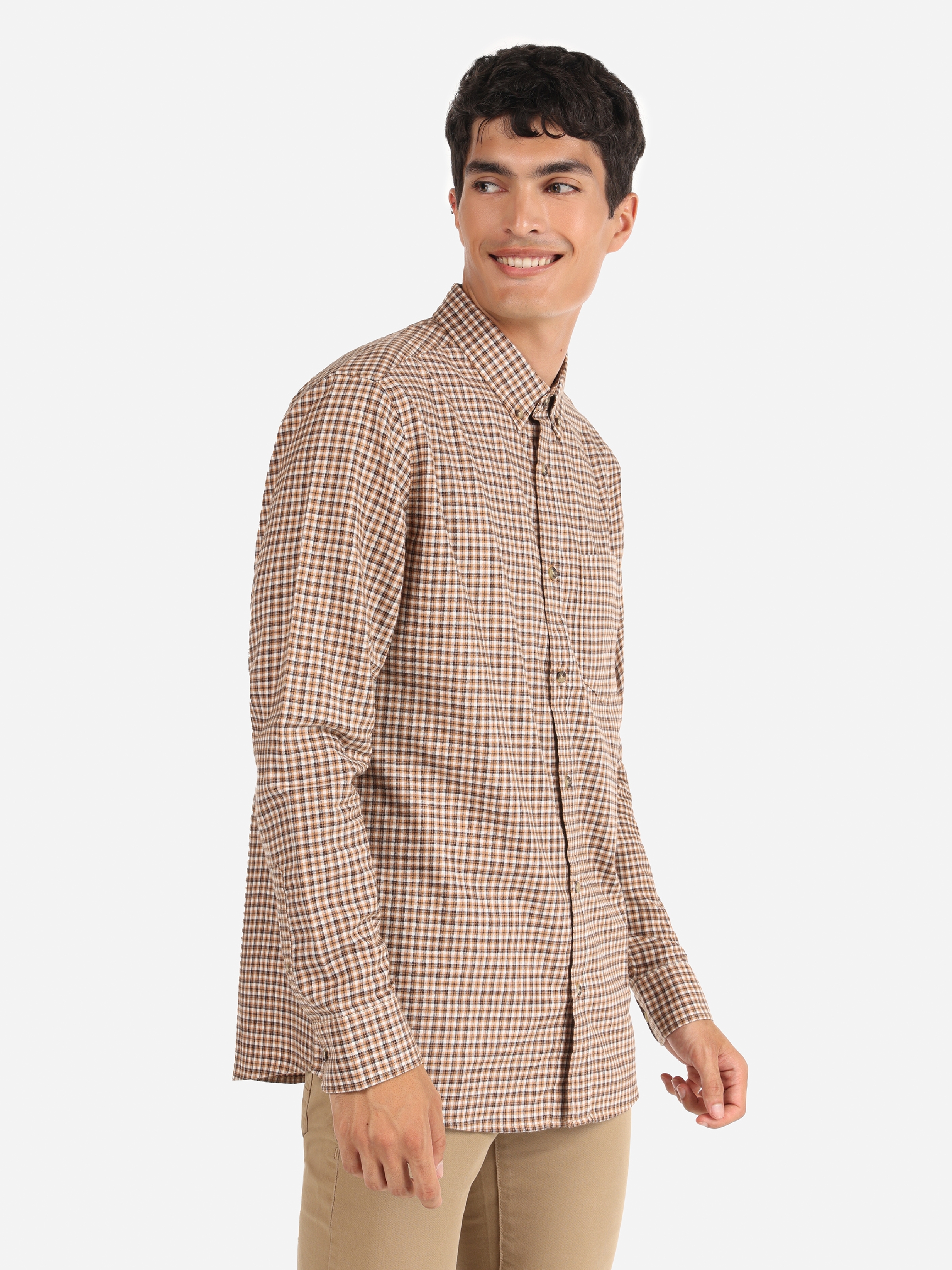 Regular Fit Shirt Neck Kareli Kahverengi Erkek Uzun Kol Gömlek Cl1065591