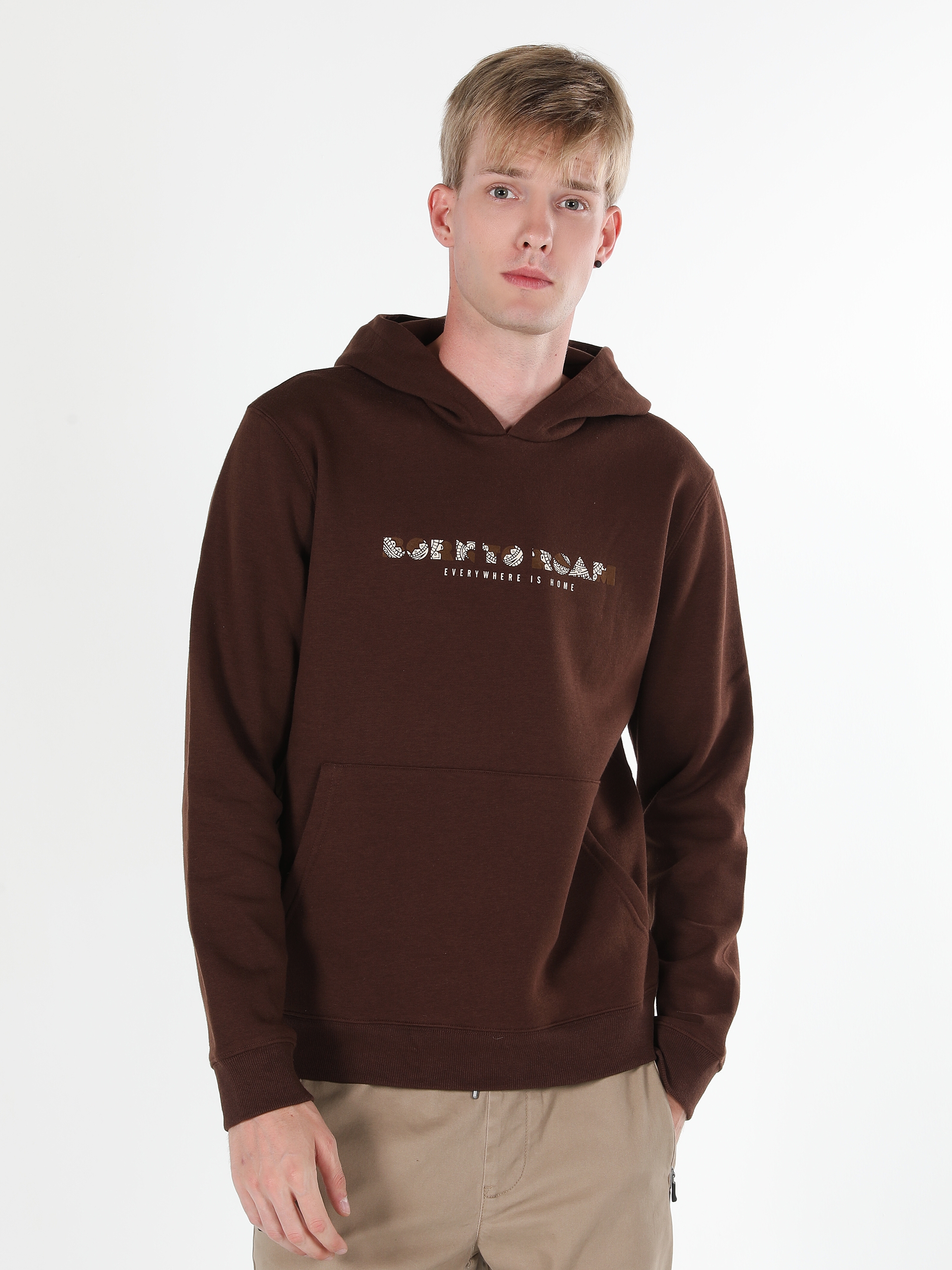 Regular Fit Kapüşonlu Yazı Baskılı Kahverengi Erkek Sweatshirt Cl1060900