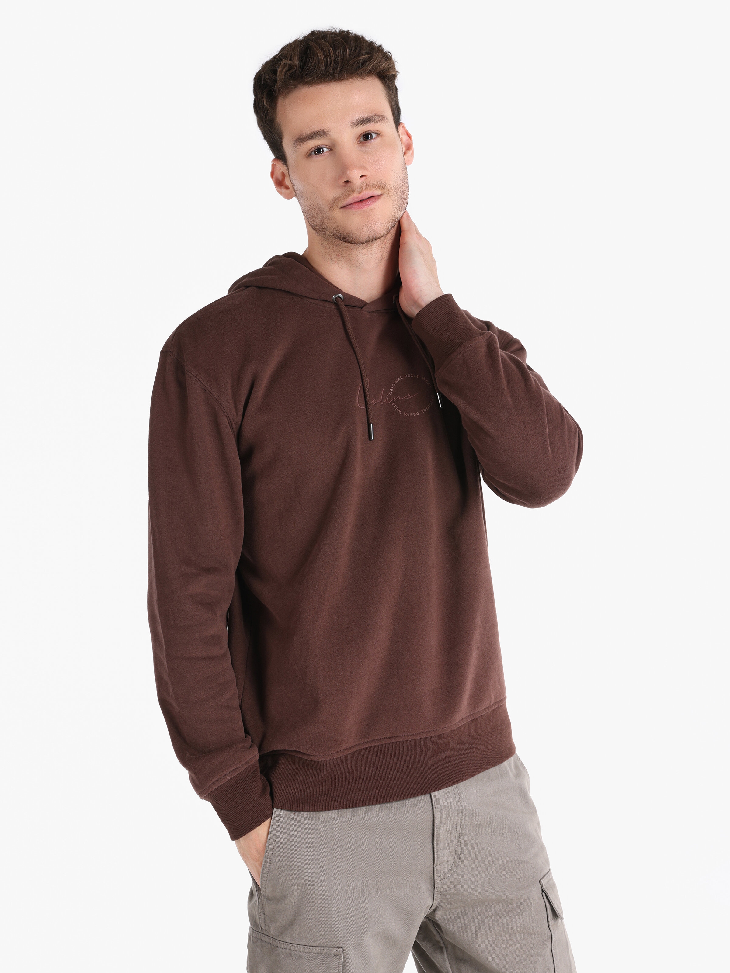 Regular Fit Kapüşonlu Baskılı Kahverengi Erkek Sweatshirt Cl1065824