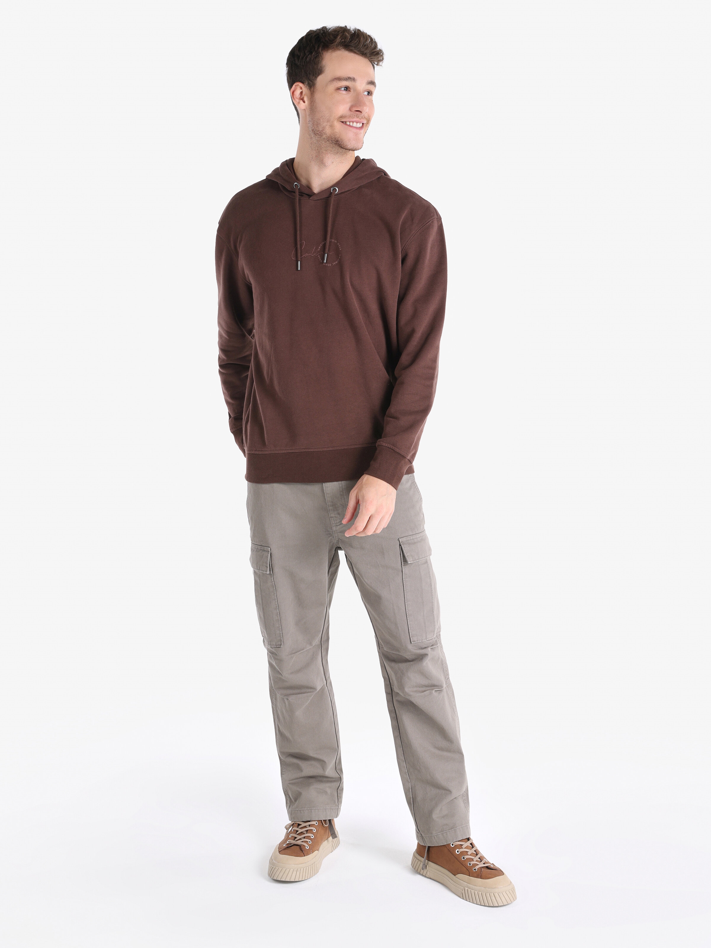 Regular Fit Kapüşonlu Baskılı Kahverengi Erkek Sweatshirt Cl1065824
