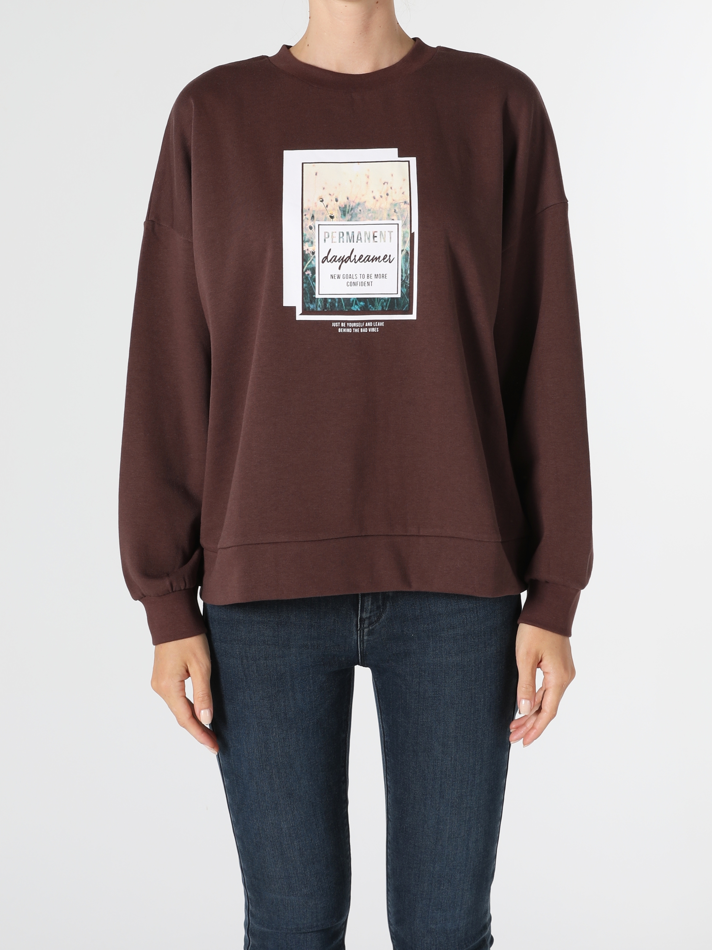 Regular Fit Baskılı Kahverengi Kadın Sweatshirt