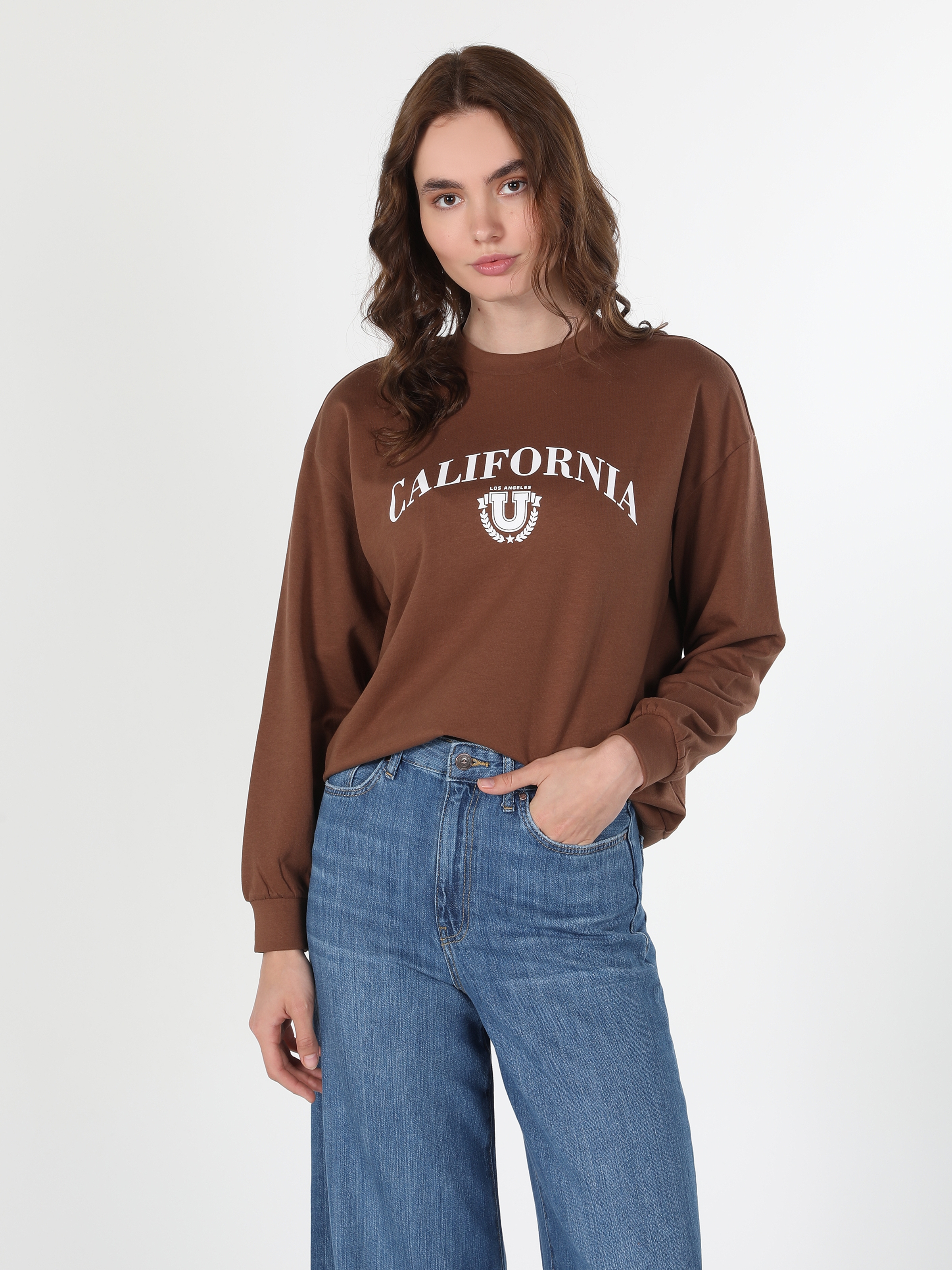 Regular Fit Yazı Baskılı Kahverengi Kadın Sweatshirt Cl1060315