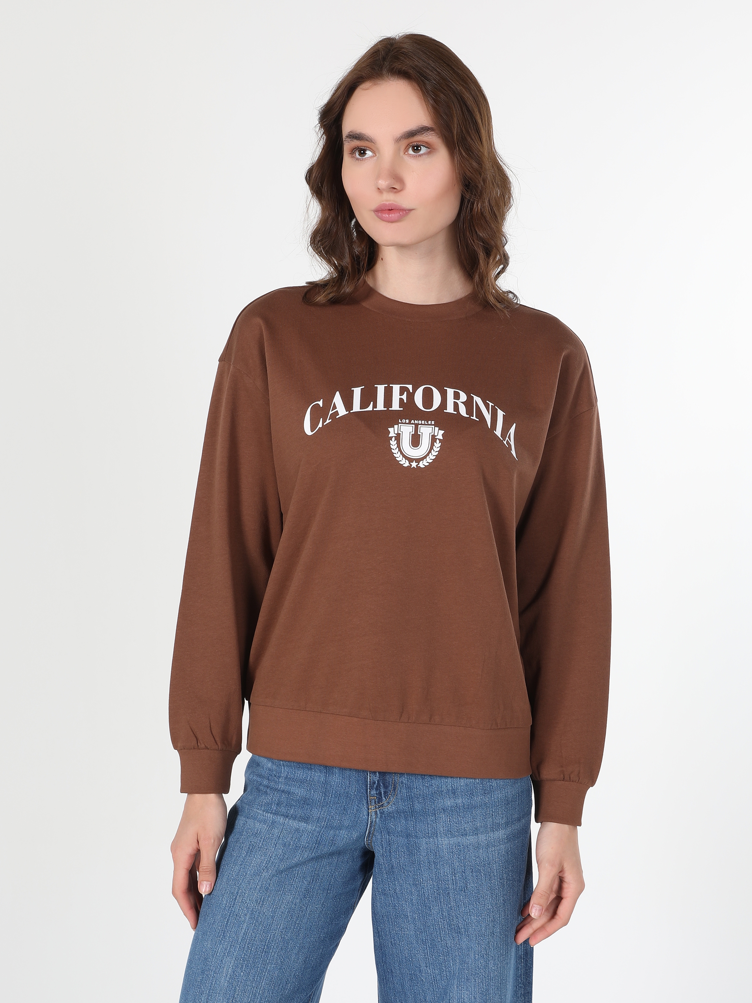 Regular Fit Yazı Baskılı Kahverengi Kadın Sweatshirt Cl1060315