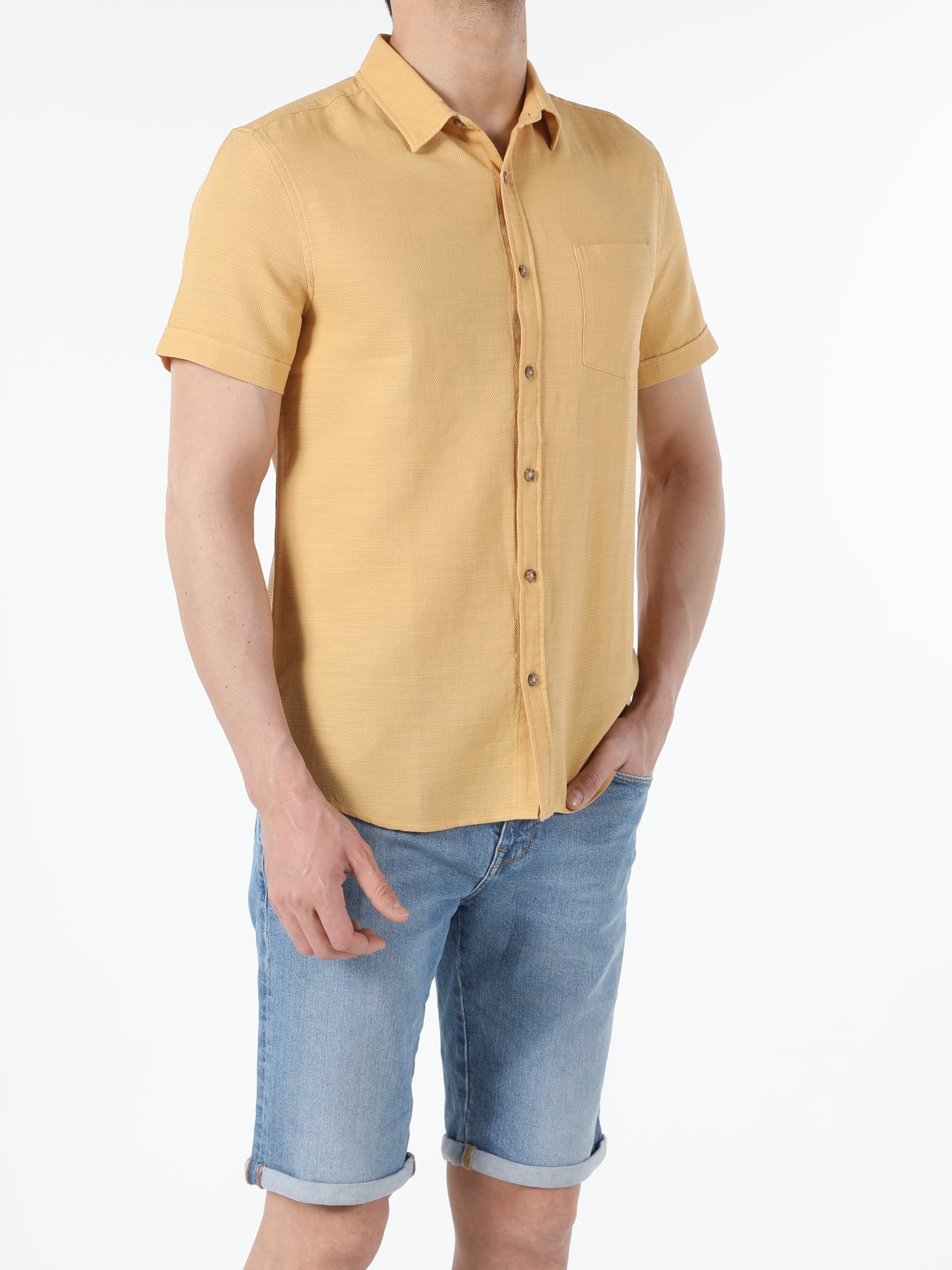 Colins Kahverengi Slim Fit Shirt Neck Kahverengi Erkek Kısa Kol Gömlek. 3
