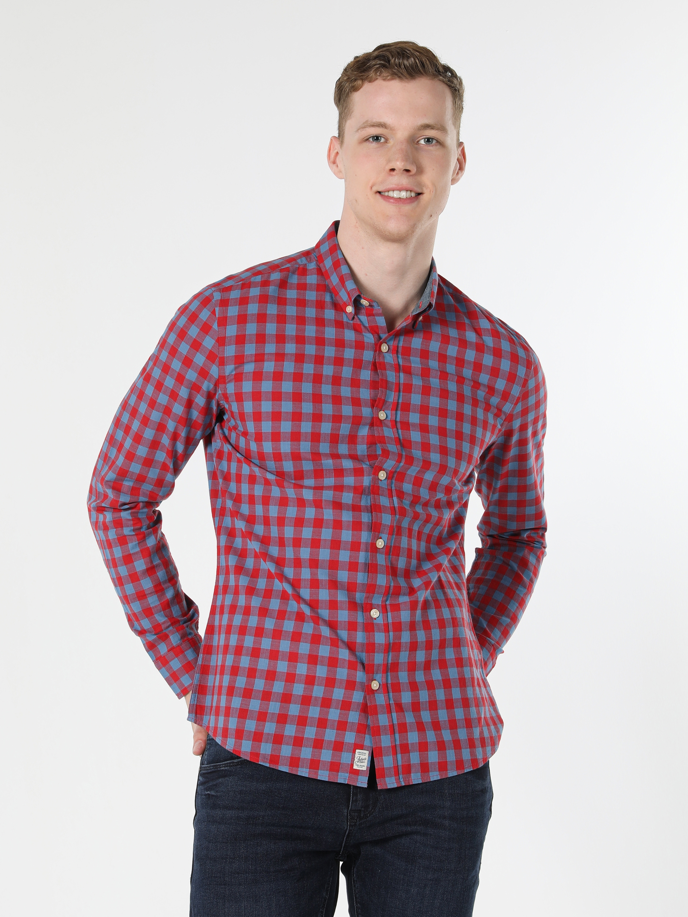 Slim Fit Shirt Neck Kareli Kırmızı Erkek Uzun Kol Gömlek Cl1058816