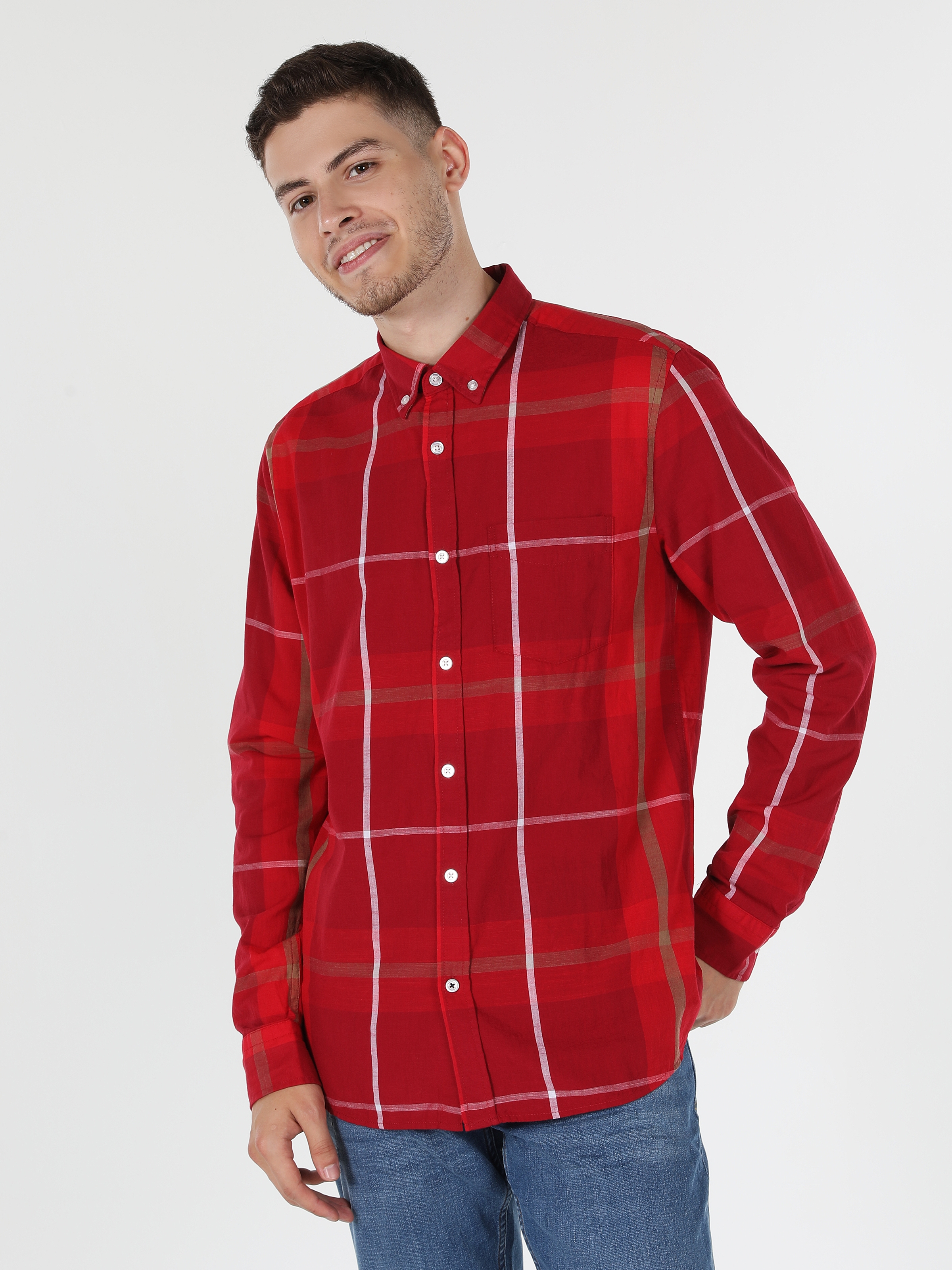 Slim Fit Shirt Neck Çizgili Kırmızı Erkek Uzun Kol Gömlek Cl1058638