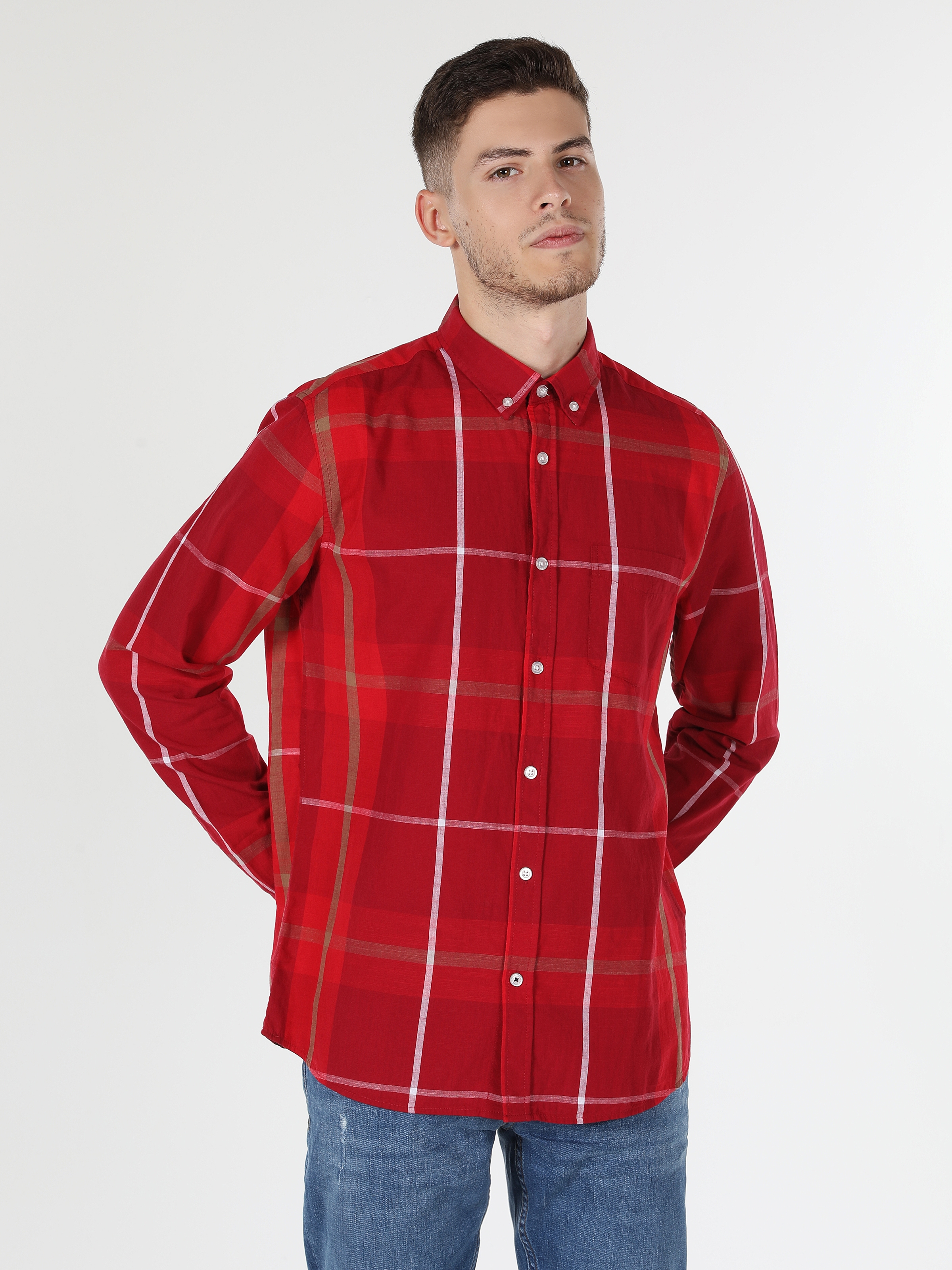 Slim Fit Shirt Neck Çizgili Kırmızı Erkek Uzun Kol Gömlek Cl1058638