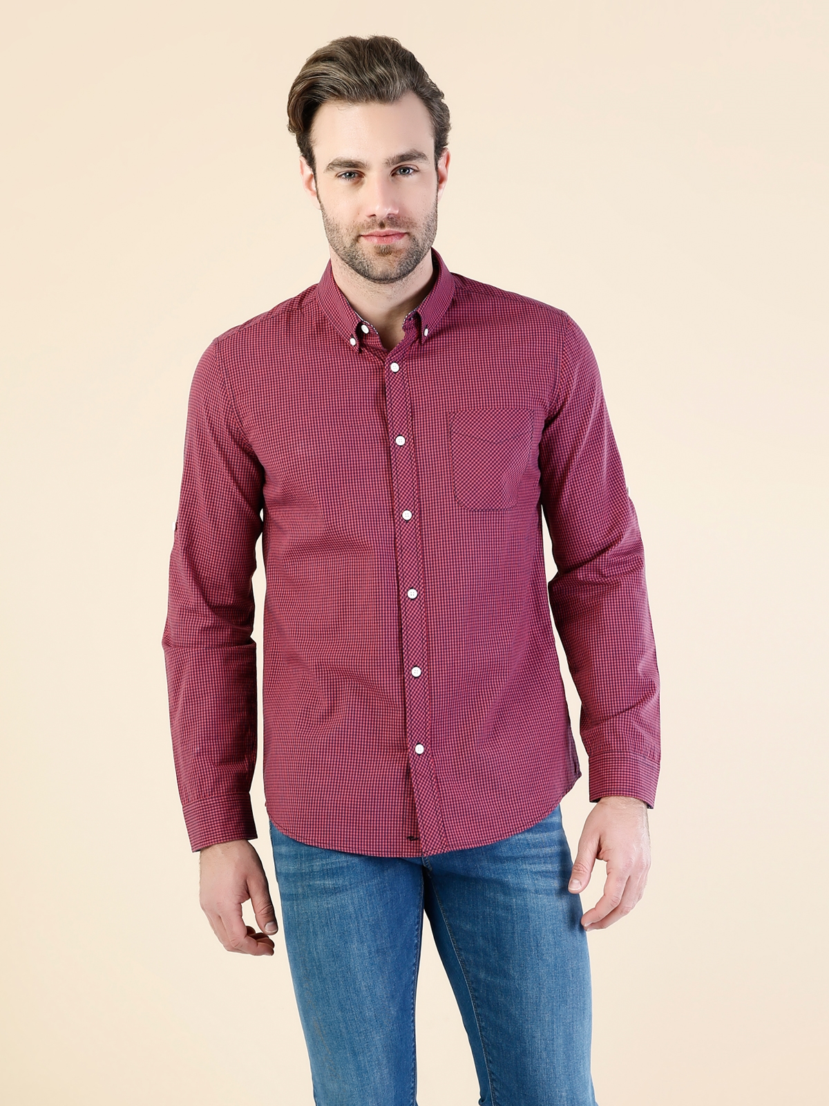 Modern Fit Shirt Neck Erkek Kırmızı Uzun Kol Gömlek