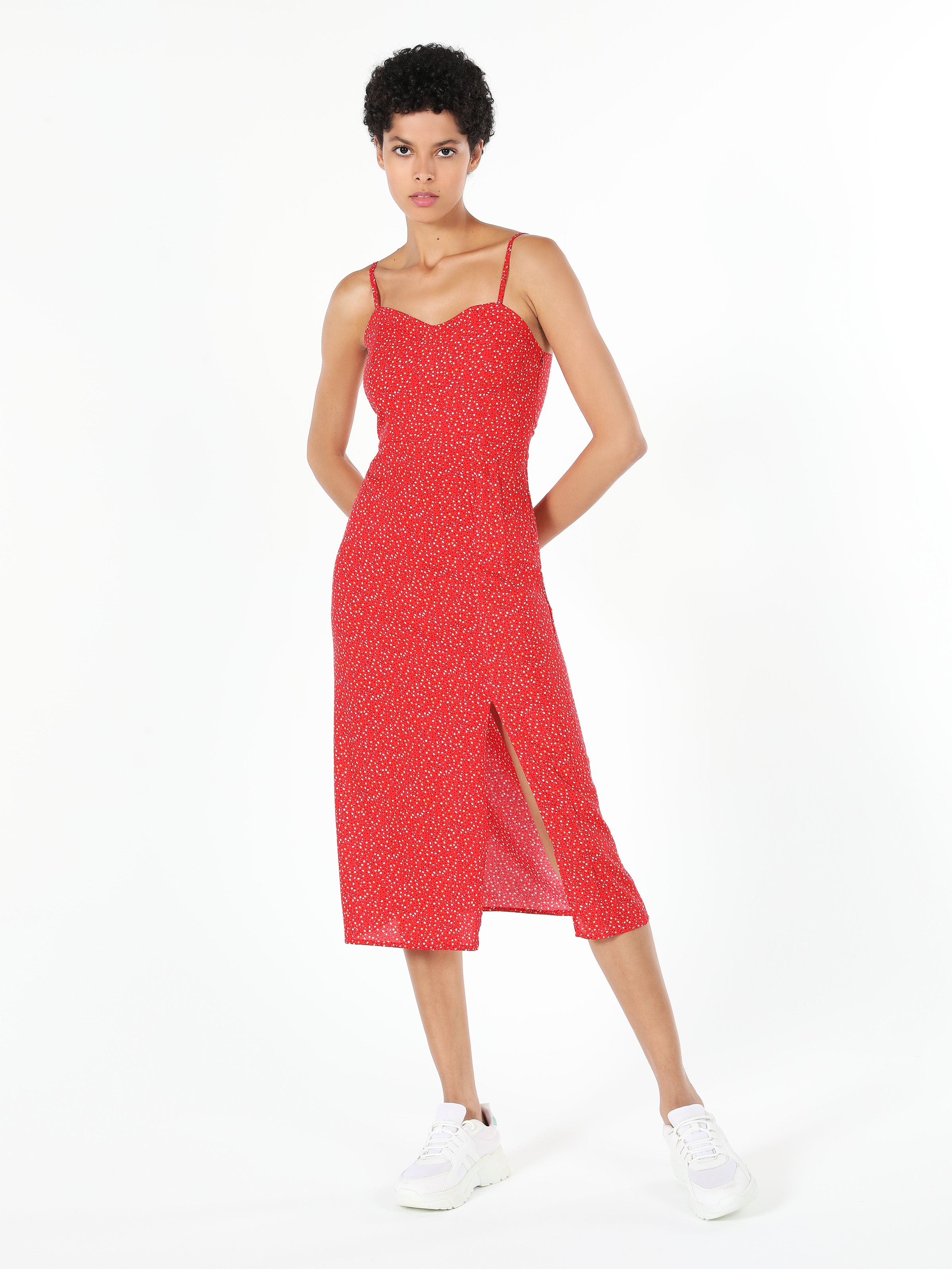 Slim Fit Baskılı Dar Kesim Yırtmaç Detaylı Kırmızı Kadın Elbise Cl1059506